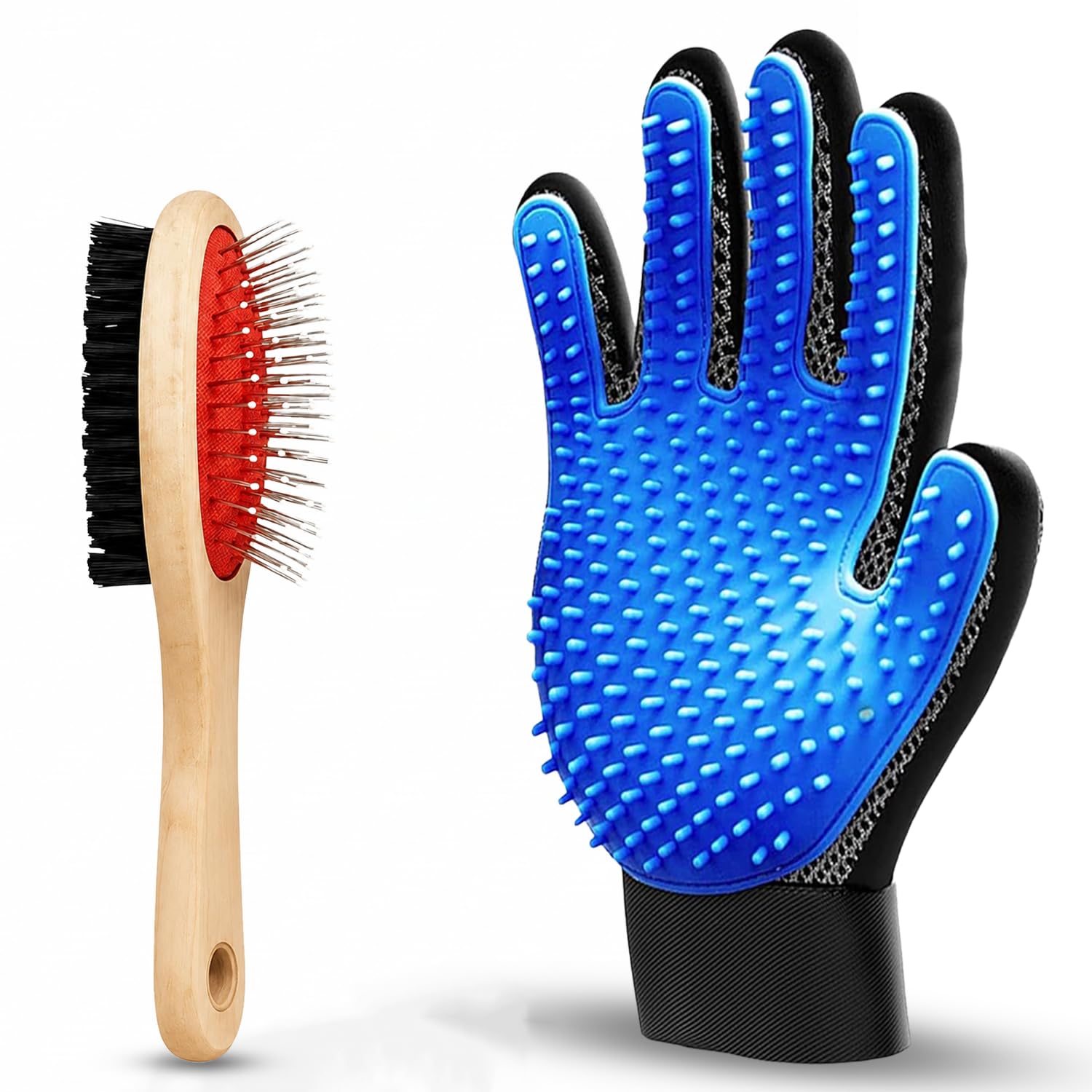 Emily Pets 2In1 Pet Grooming Kit For Dogs & Cats | Double Sided Slicker Brush & Silicone Deshedding Glove | Pet Hair Remover M