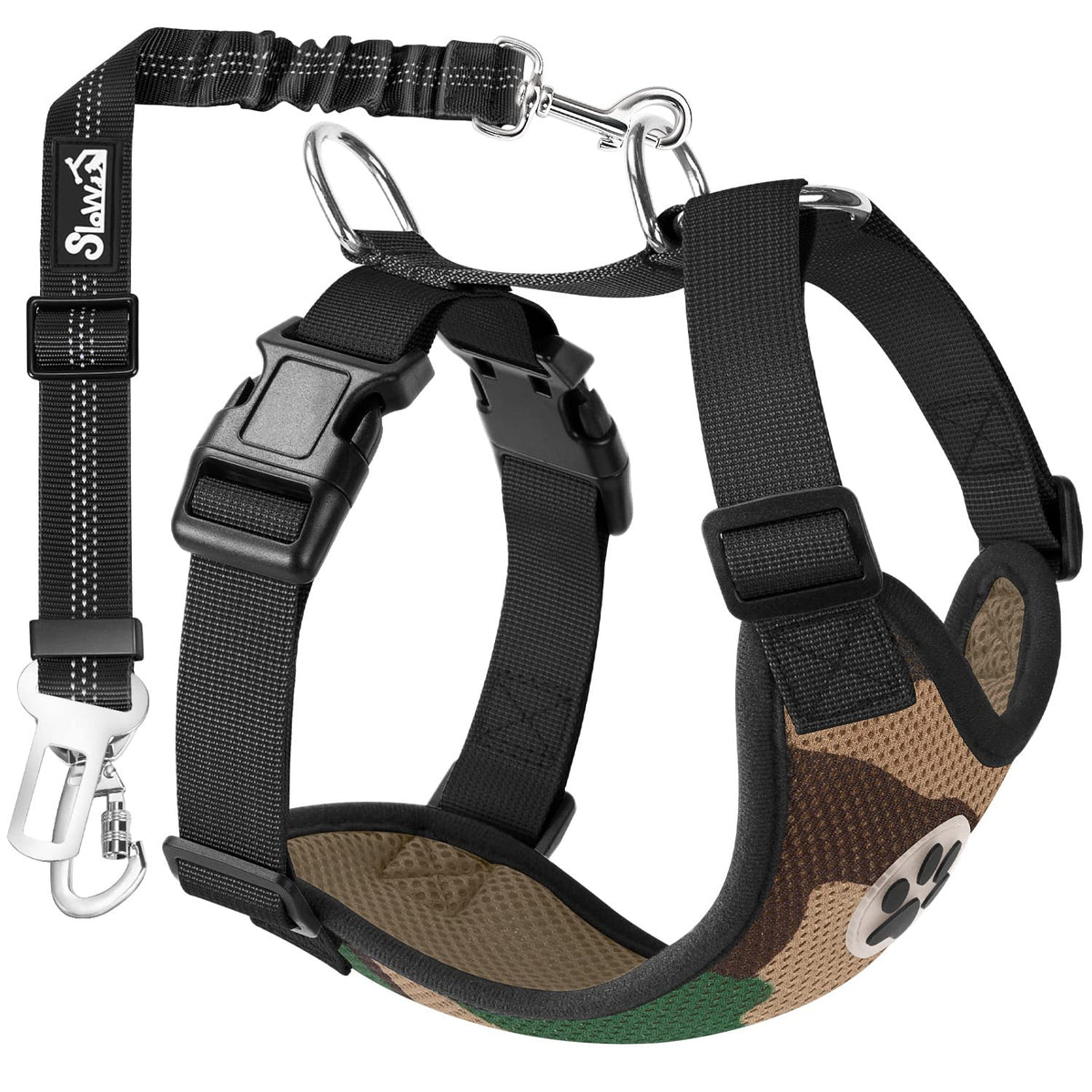 Slowton Dog Car Harness Seat Belt Set, Dog Vest Harness Adjustable Mesh Breathable & Vehicle Safety Seatbelt Tether With Elastic Bungee For Small Medium Large Pets (Camo, M)