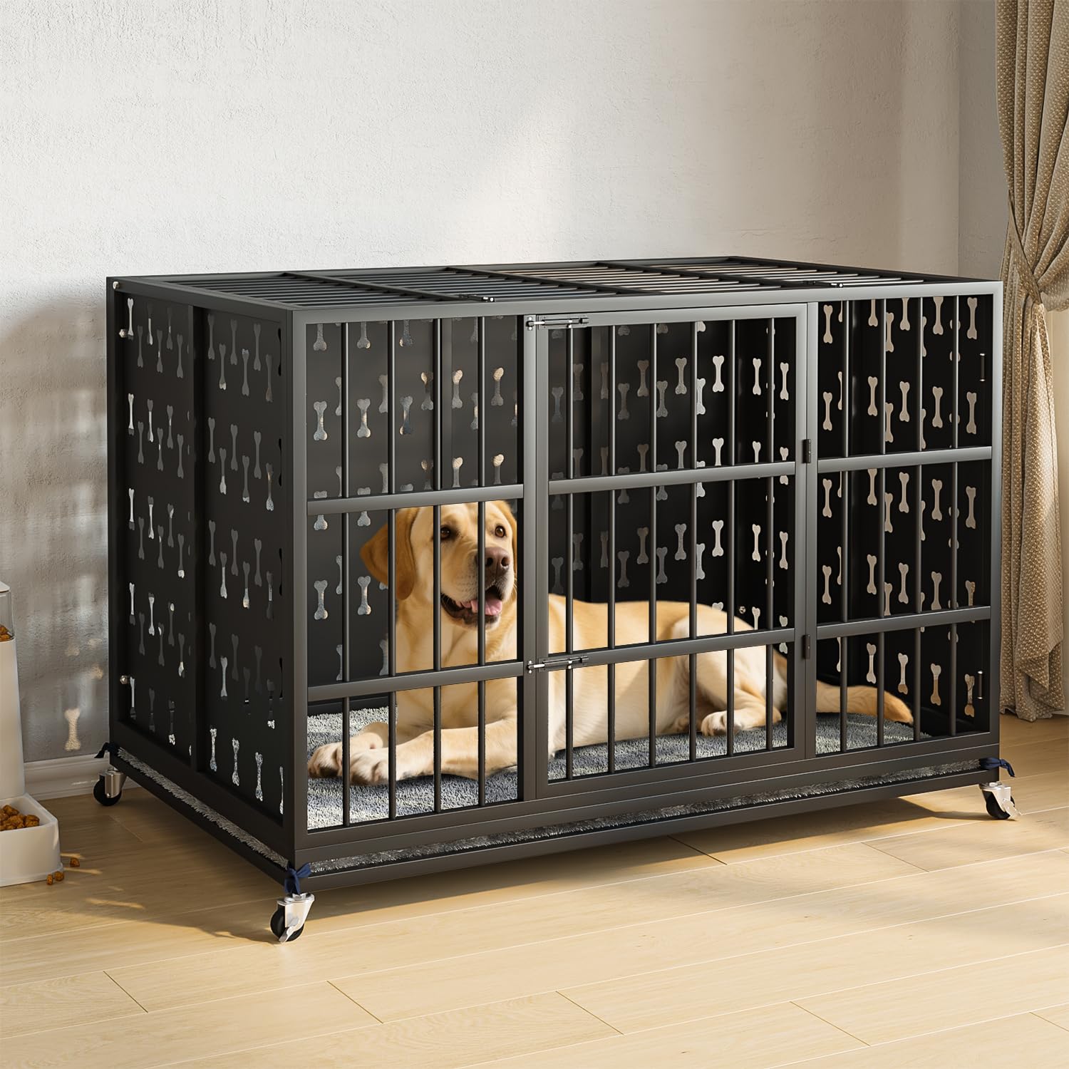 Tornivk 48 Inch Large Dog Crate with Soft Pad Indestructible Heavy Duty Steel Dog Crate Modern Bone-Shaped Pattern Big Removable