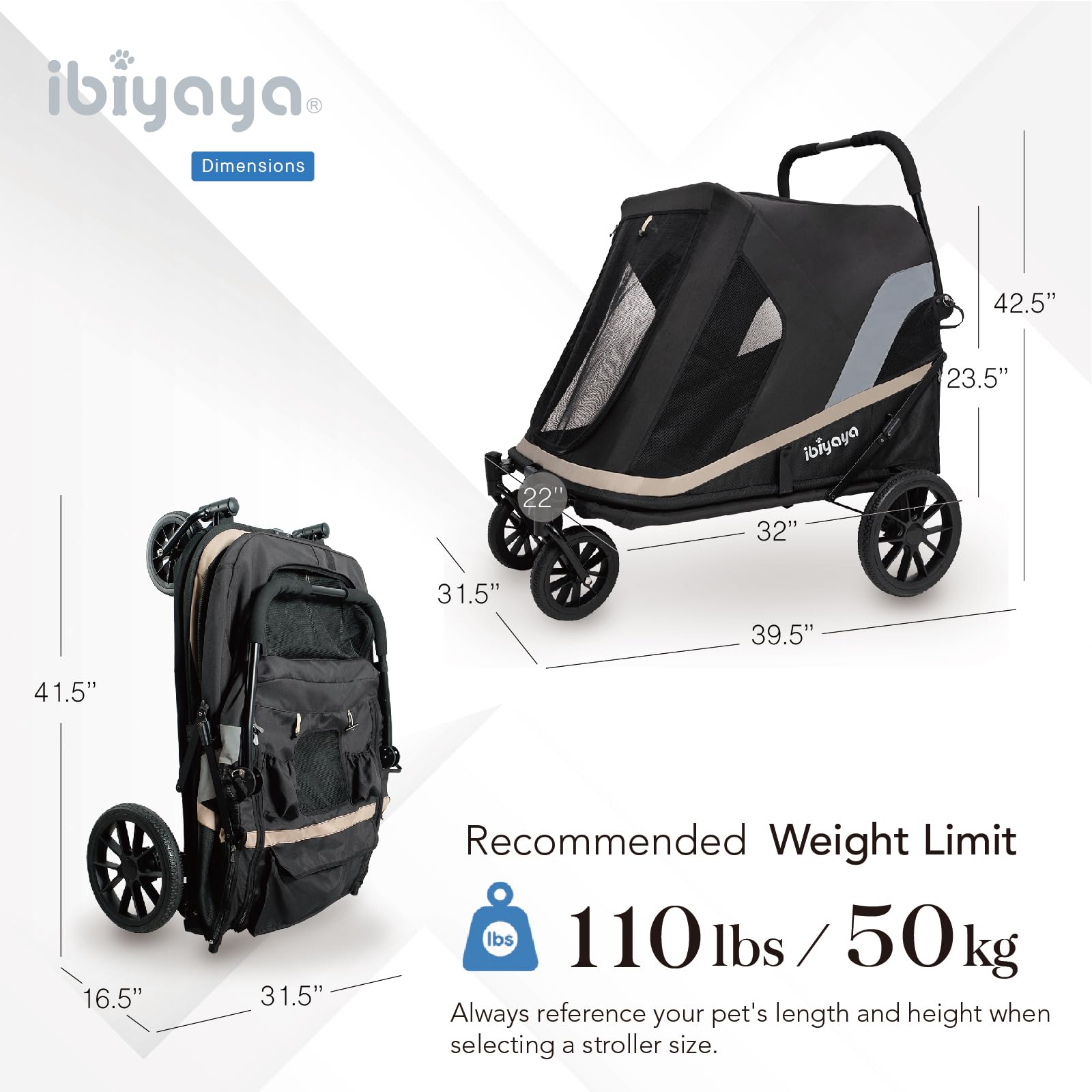 Ibiyaya - Grand Cruiser Dog Stroller For Large Dogs - Dog Wagon For Senior Dogs And Elderly Dogs - Comfortable And Durable, Heavy Duty Design - Black