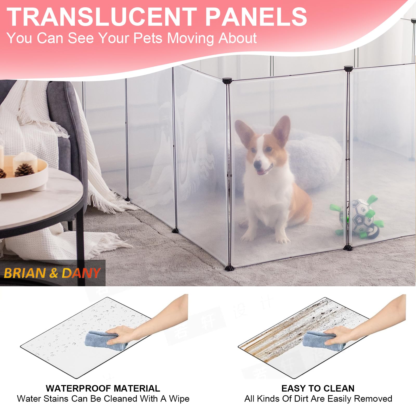 BRIAN & DANY Dog Playpen - Portable Indoor Transparent Pet Playpen for Small Animals, 80" L x 40" W x 28" H, Smoke Grey, Model PL132