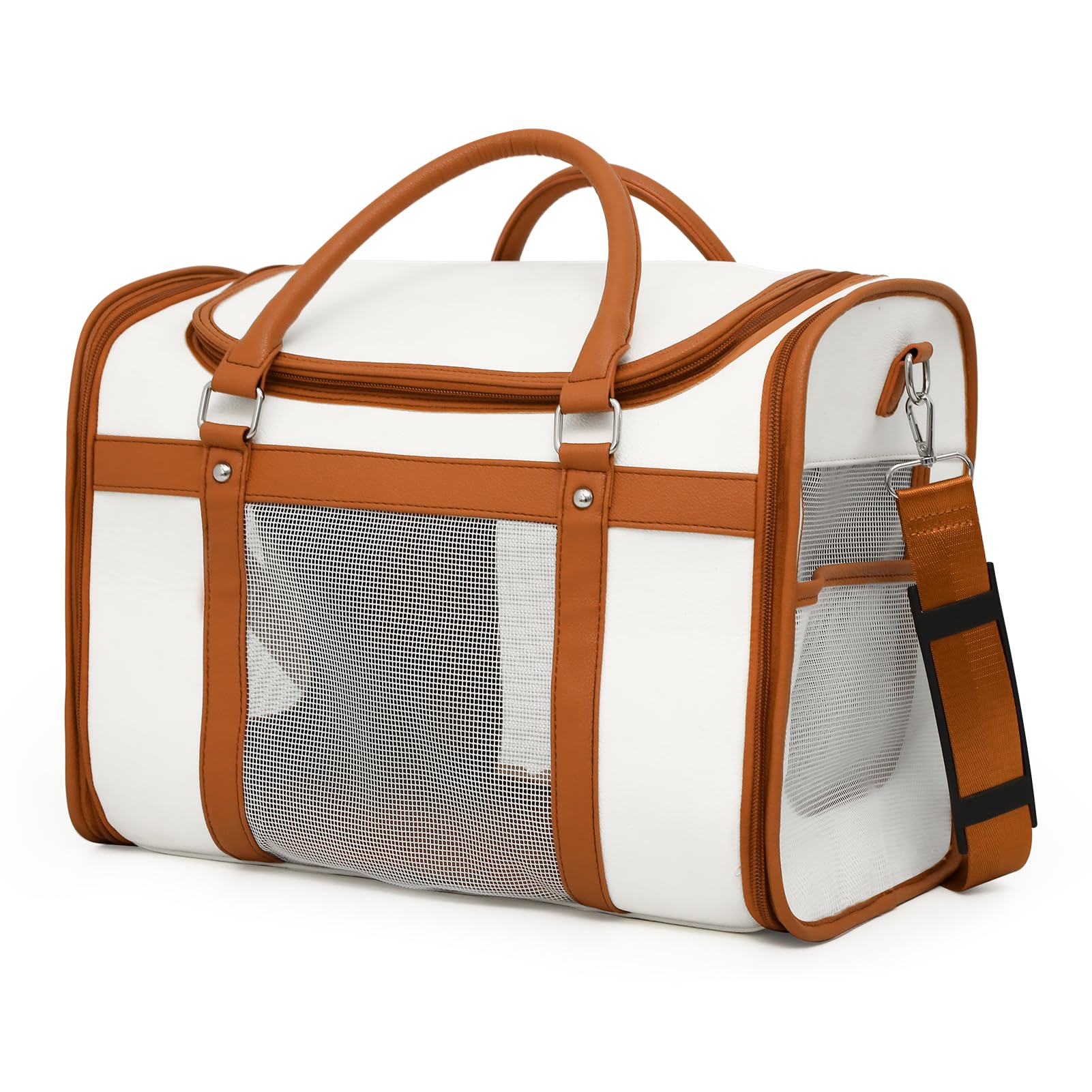 Premium Pet Carrier for Cats & Small Dogs, Stylish White & Brown PU Leather Travel Bag with Mesh Windows, Airline Approved Porta