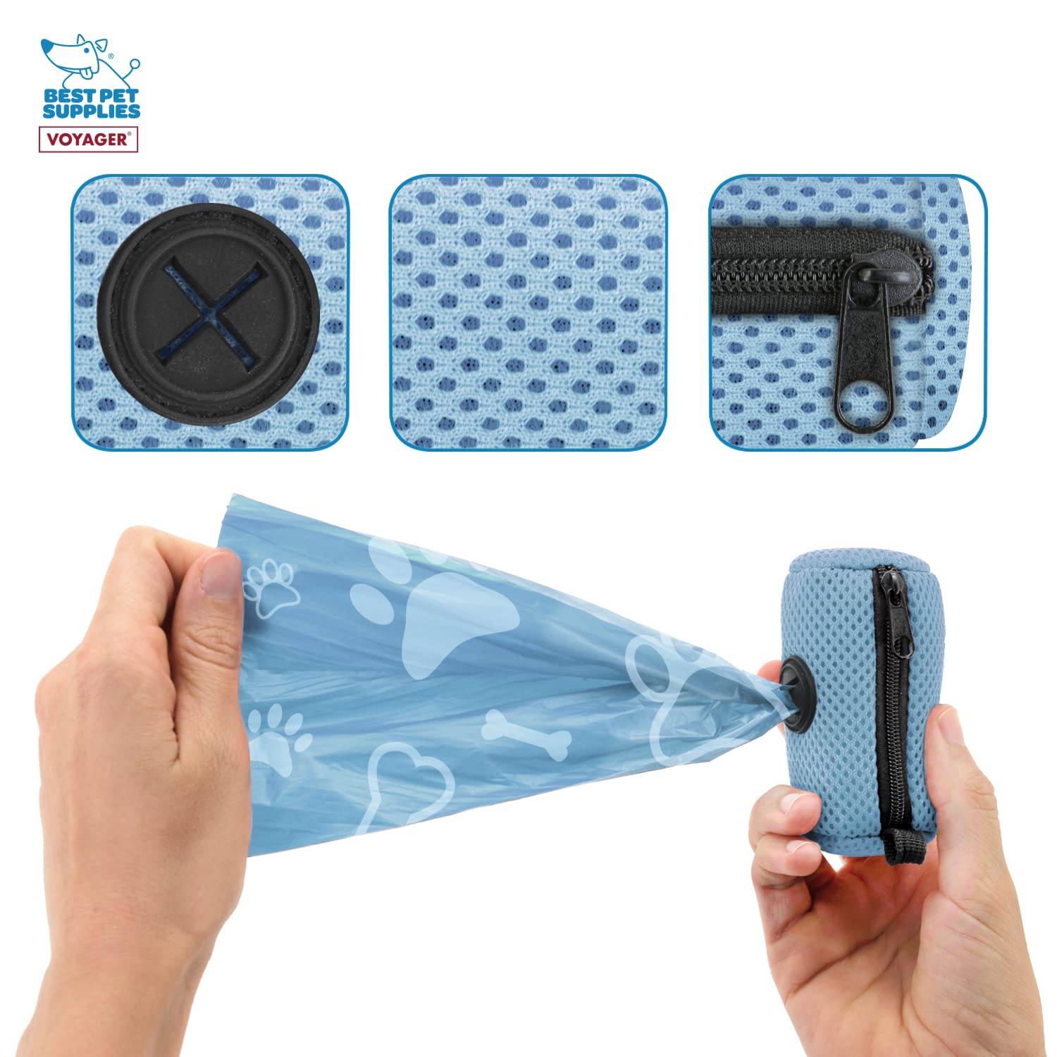 Best Pet Supplies Dog Poop Bag Holder Leash Attachment With 15 Bags, Baby Blue, Reusable Mesh Dispenser Pouch For Travel, Walkin