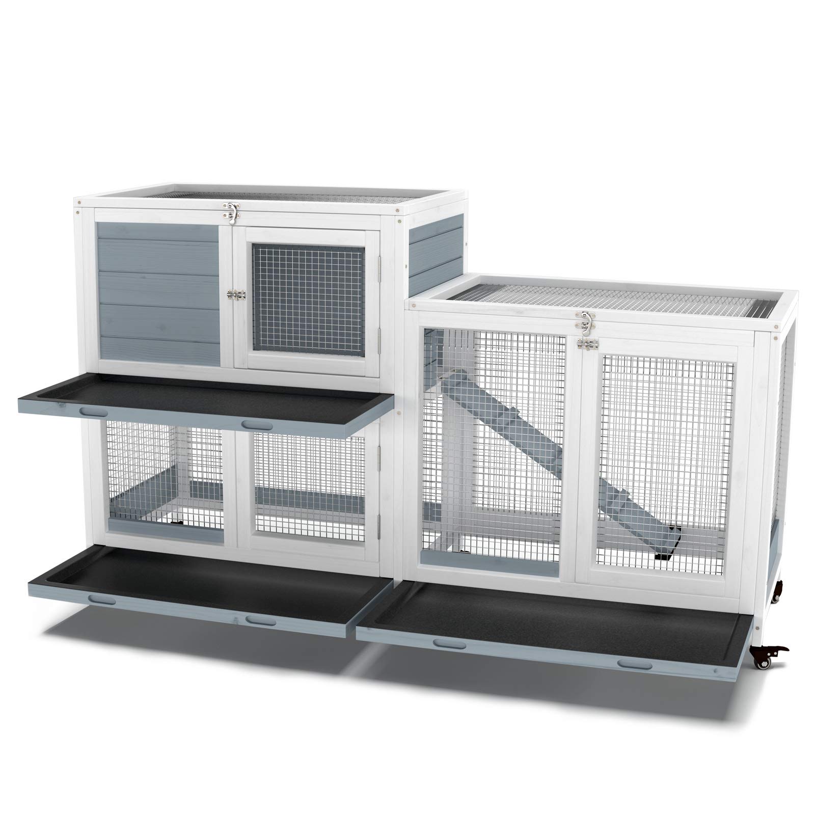 Gdlf Two Floors 58' Wooden Indoor Bunny Hutch Rabbit Cage On Wheels Guinea Pig Pet House For Small To Medium Animals Waterproof No Leak Tray