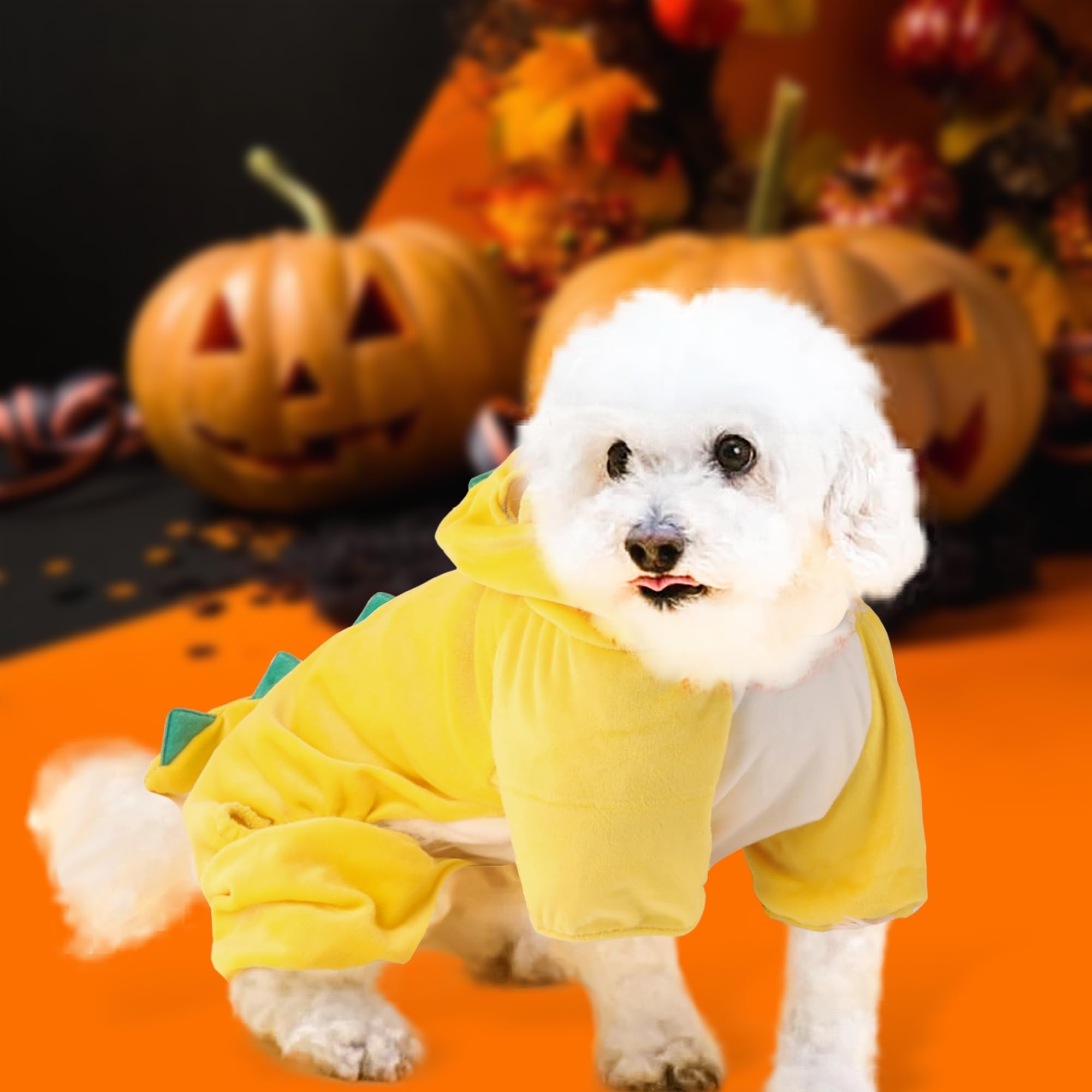 Delifur Dinosaur Dog Halloween Costume Pet Dino Hoodie For Small Dogs Cats (M, Yellow)