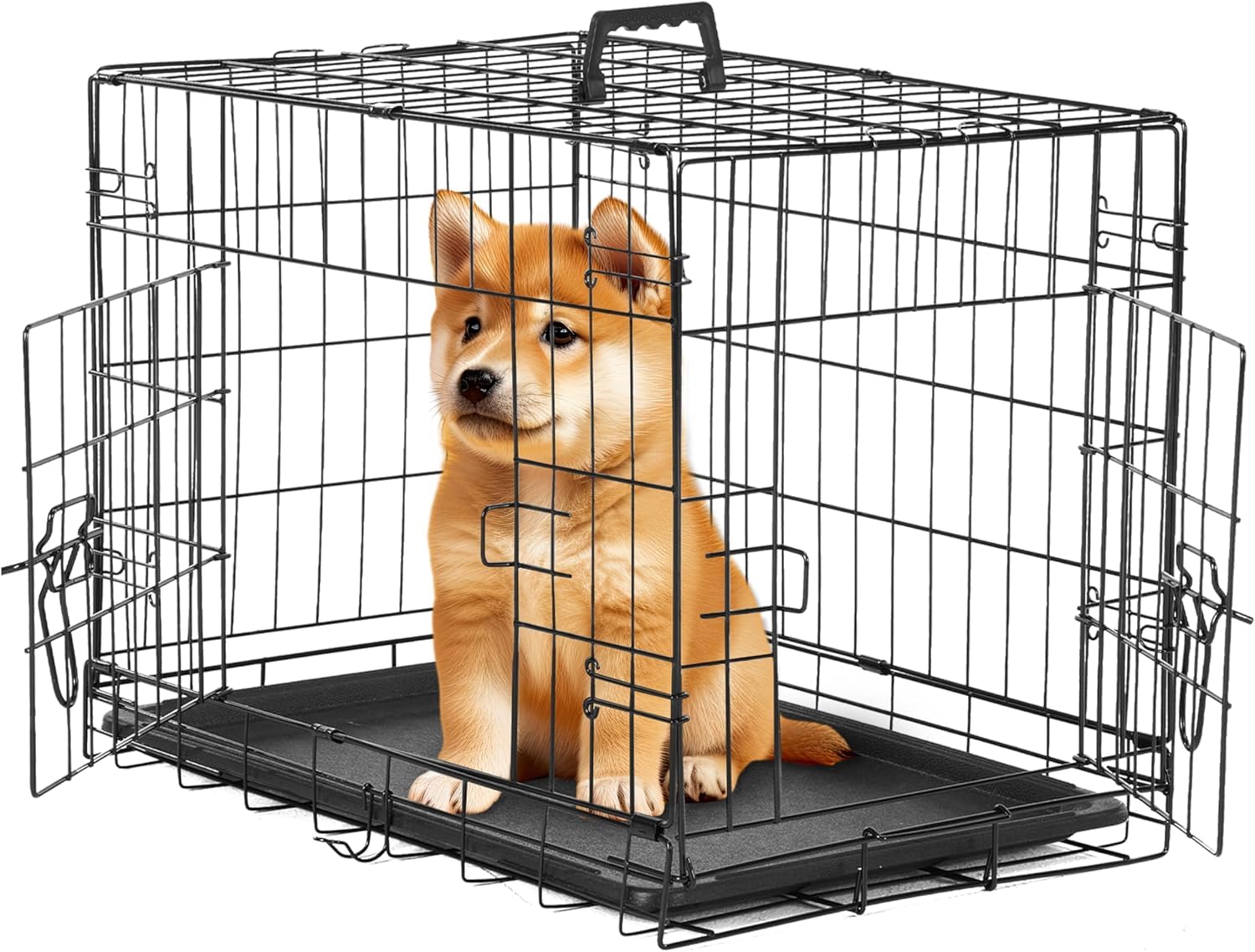 Simple Deluxe 24-Inch Small Dog Crate With Divider, Double Door Folding Metal Wire Cage With Leak-Proof Plastic Tray, Portable P