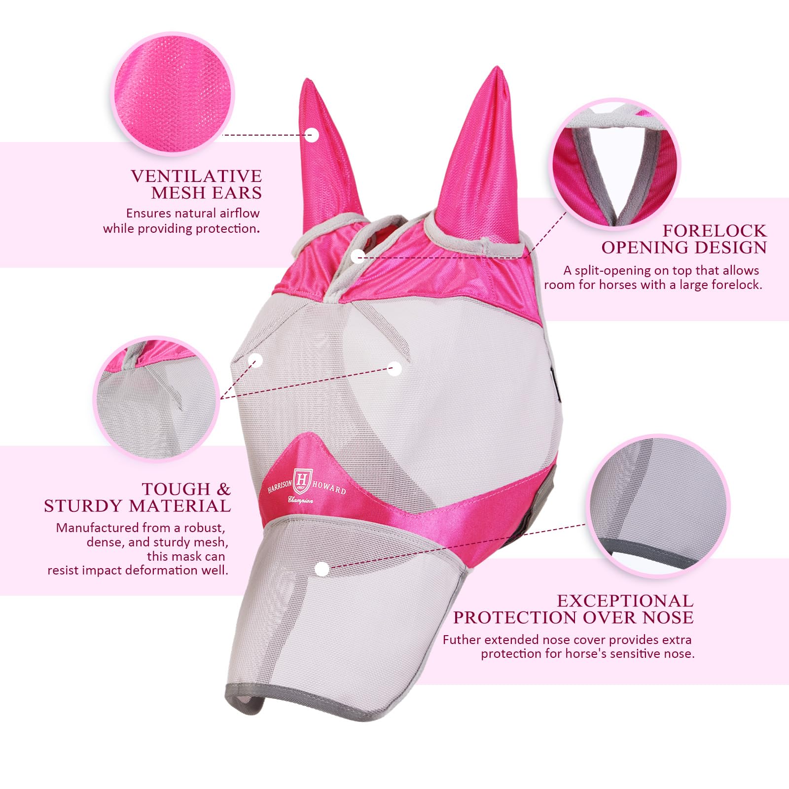 Harrison Howard Full Face Horse Fly Mask UV Protection and Breathable for Equine Use Comfortable Magenta XS