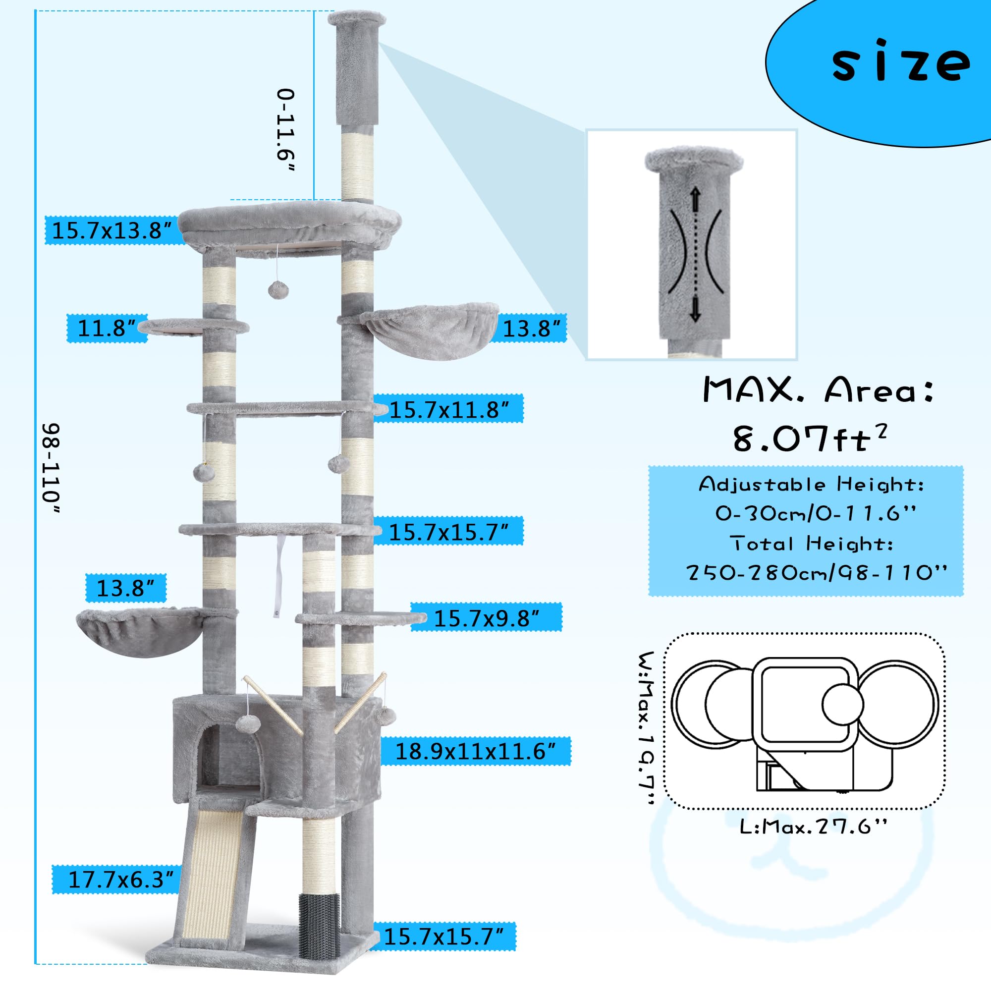 Hey-Brother Cat Tree, 98.4-110.2 Inches Floor To Ceiling Cat Tree-Adjustable Height, Tall Cat Climbing Tower For Cats Large Adul
