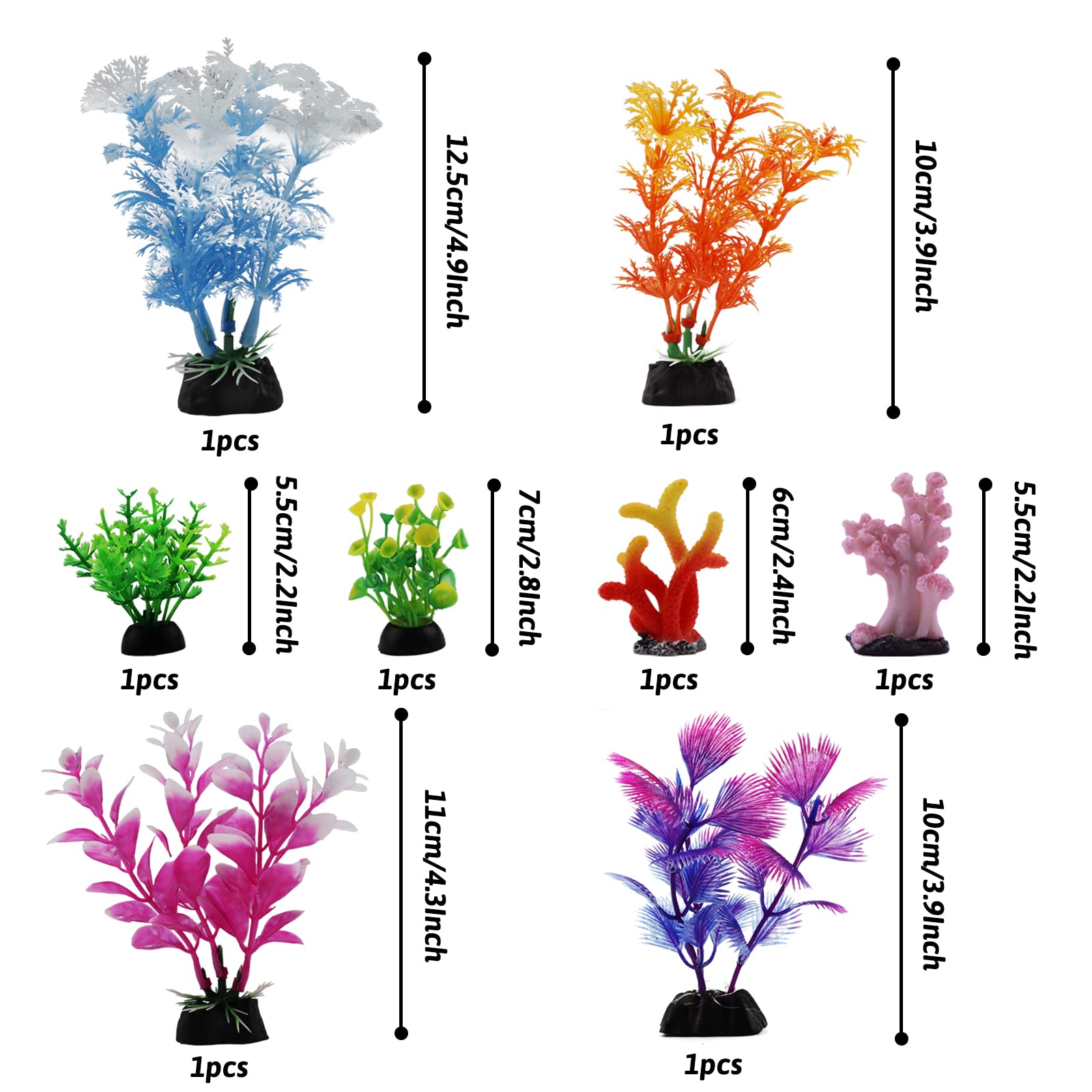 Pietypet Fish Tank Decorations Plants With Resin Coral, 8 Pcs Aquarium Decorations Small Plants Plastic, Fish Tank Accessories,