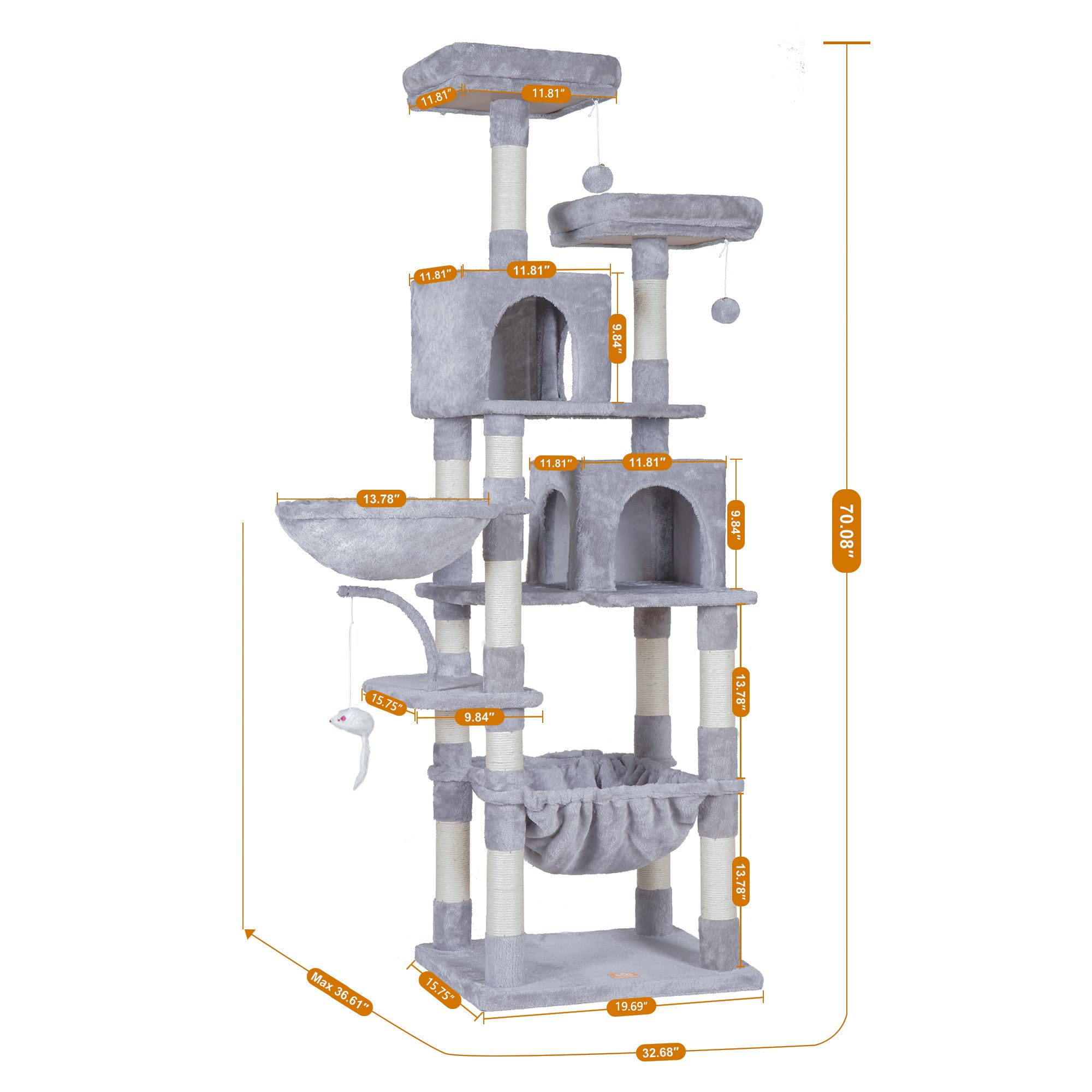 Heybly Cat Tree, 70 Inches Tall Cat Tower Condo With Toy For Indoor Large Cats, Cat House Furniture With Padded Plush Perch, Coz