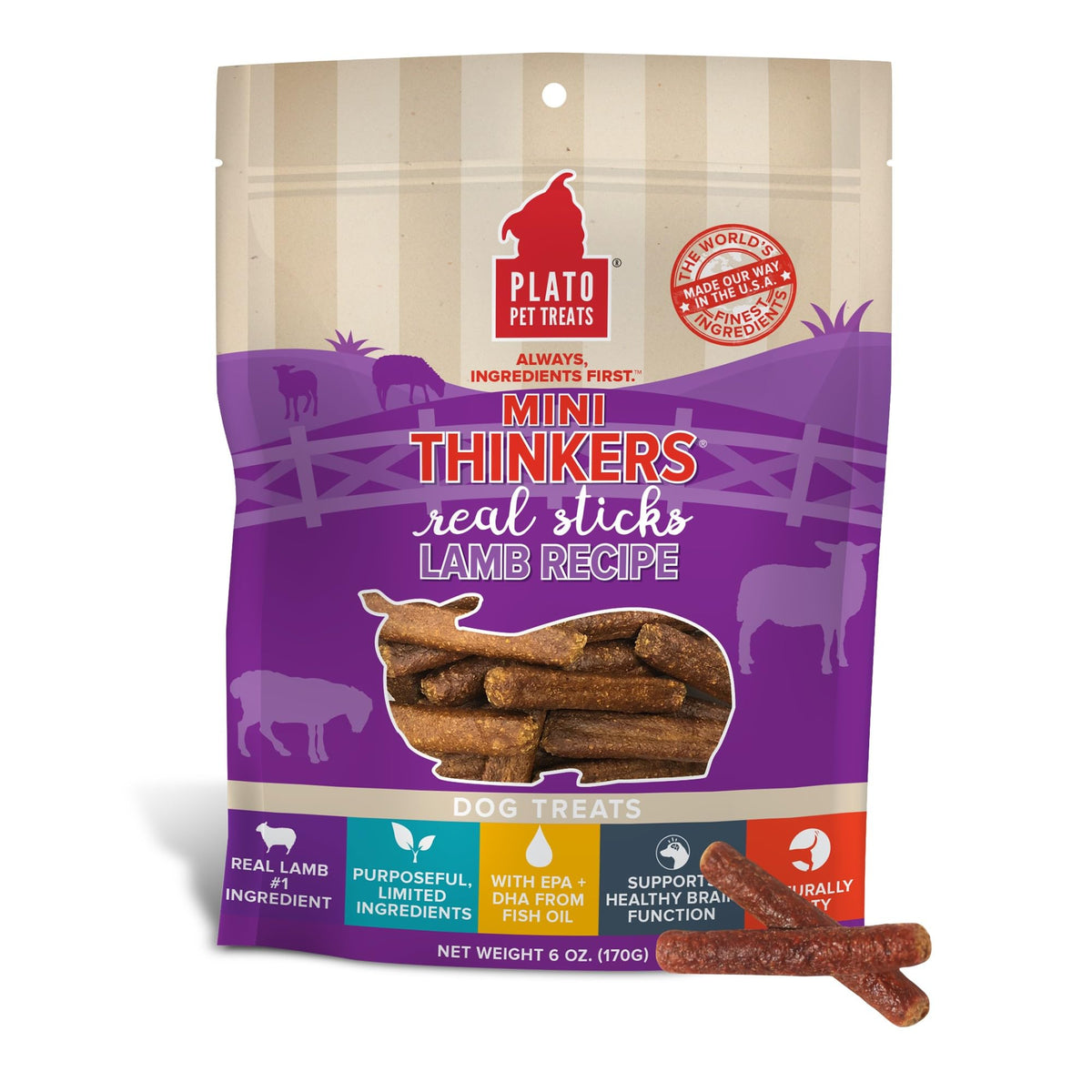 Plato Pet Treats Thinkers - Meat Stick Treats For Dogs - Limited Ingredient Dog Treats With Epa And Dha To Support Skin, Coat, And Brain - Air-Dried Dog Treats - Mini Thinkers Lamb 6Oz
