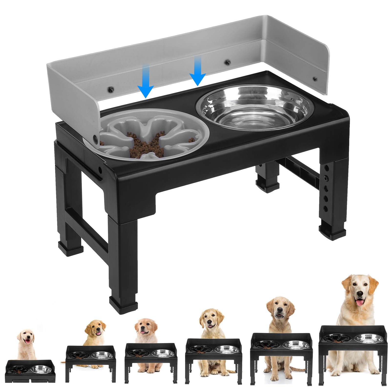 Pawchie Elevated Dog Bowls,Mess Proof Feeder For Large Dogs,6 Height Adjustable Raised Dog Bowl Stand With Slow Bowls & Water Bo