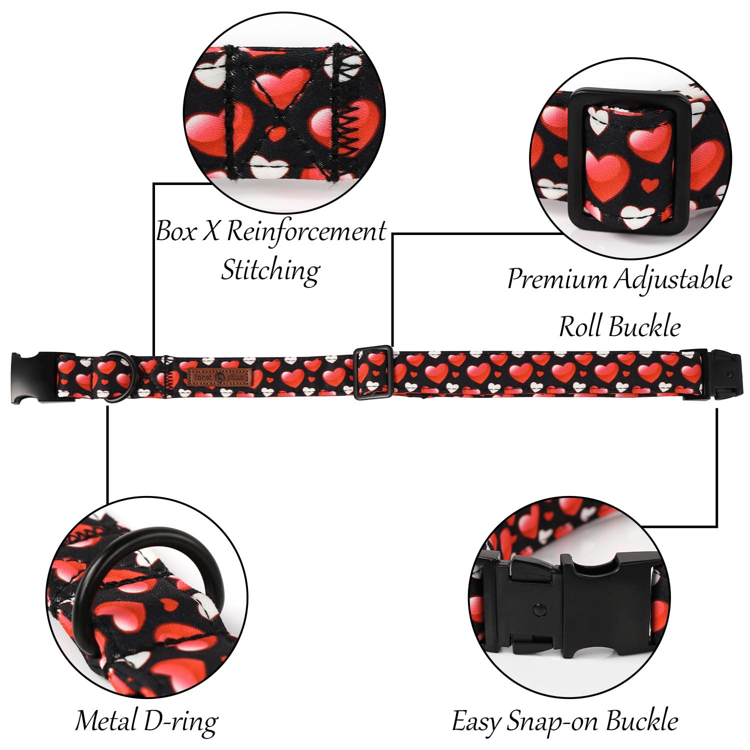 Lionet Paws Valentine'S White Dog Collar, Cute Heart Black Dog Collar For Small Dogs, Adjustable Cotton Love Pet Puppy Collars F