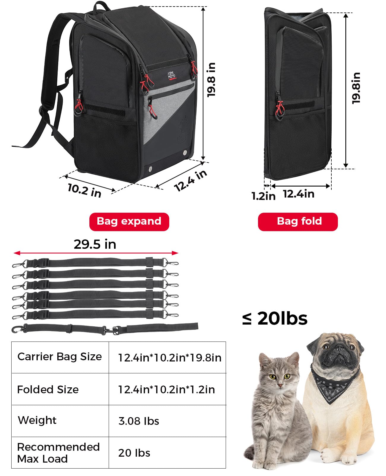 Kemimoto Motorcycle Dog Cat Carrier Bags Upgraded For Less Than 20 Lbs Pets Carriers Portable Capacity Folding Backpack For Stre