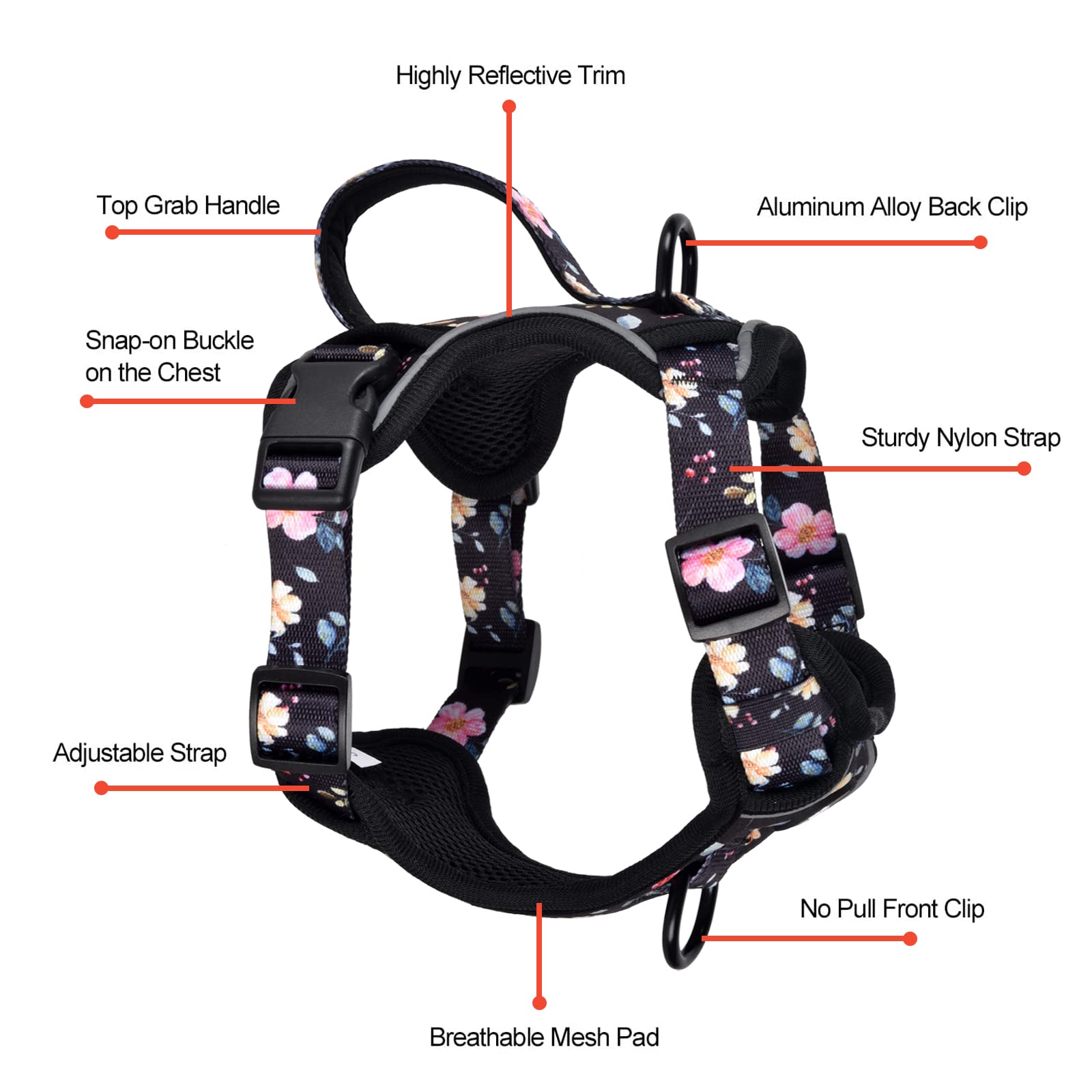 Petmolico Dog Harness For Small Dogs No Pull, Cute Dog Harness With Two Leash Clips And Soft Handle, Reflective Easy Walk Dog Harness With Leash, Black Peach Small