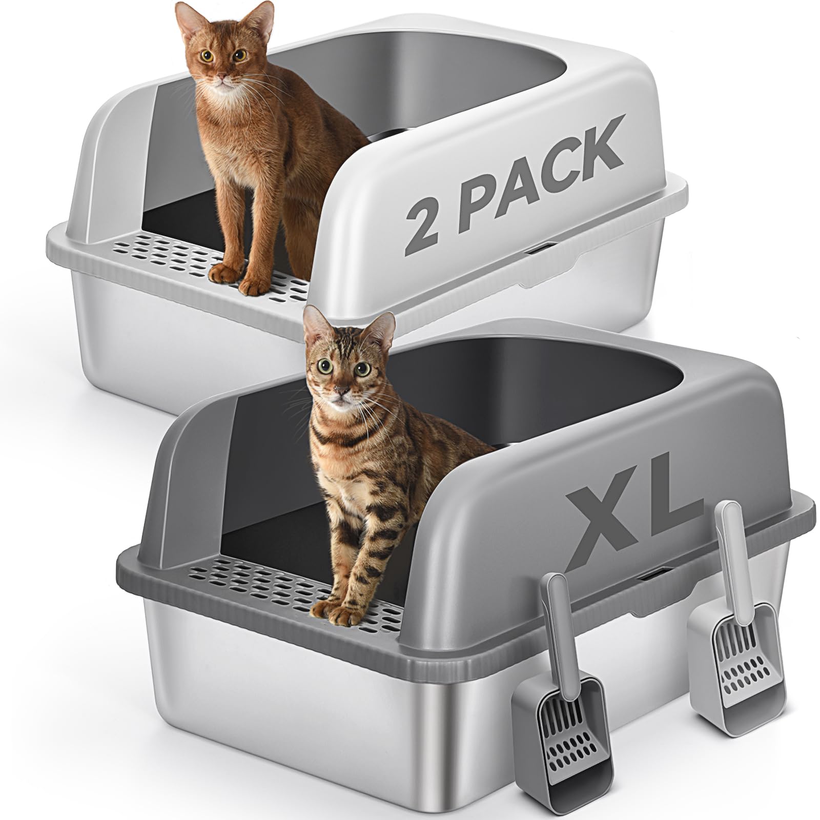 2 Pack Stainless Steel Cat Litter Box with Lid, XL Extra Large Metal Kitty Litter Box for Big Cats, 24 L x 16 W x 12 H, Enclosed