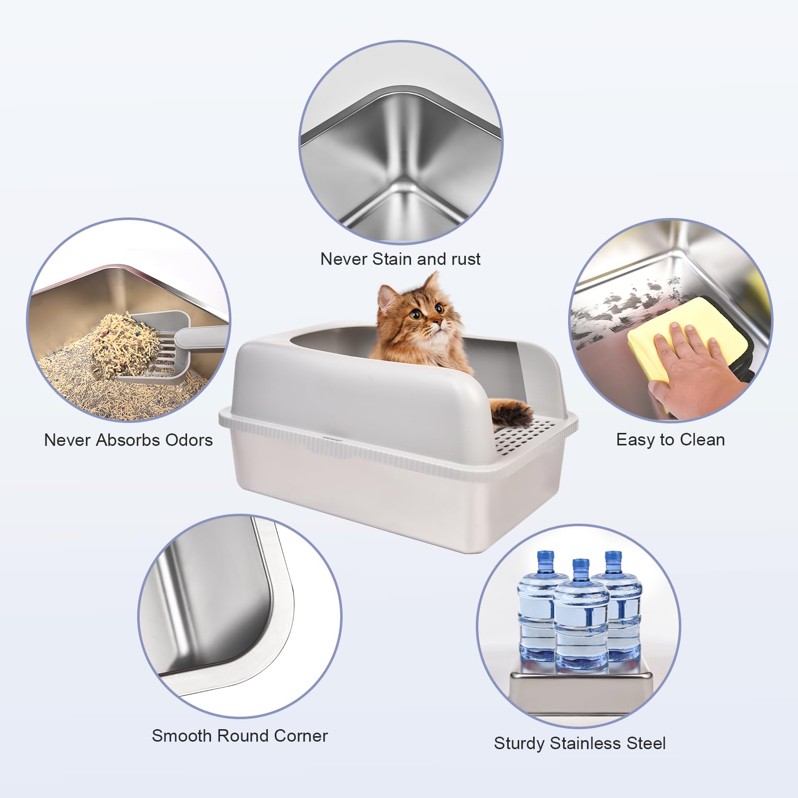 Henkelion Stainless Steel Cat Litter Box, Extra Large 20" x 14.2" x 11.8", Grey, High Sided with Lid, Anti-Urine Leakage,