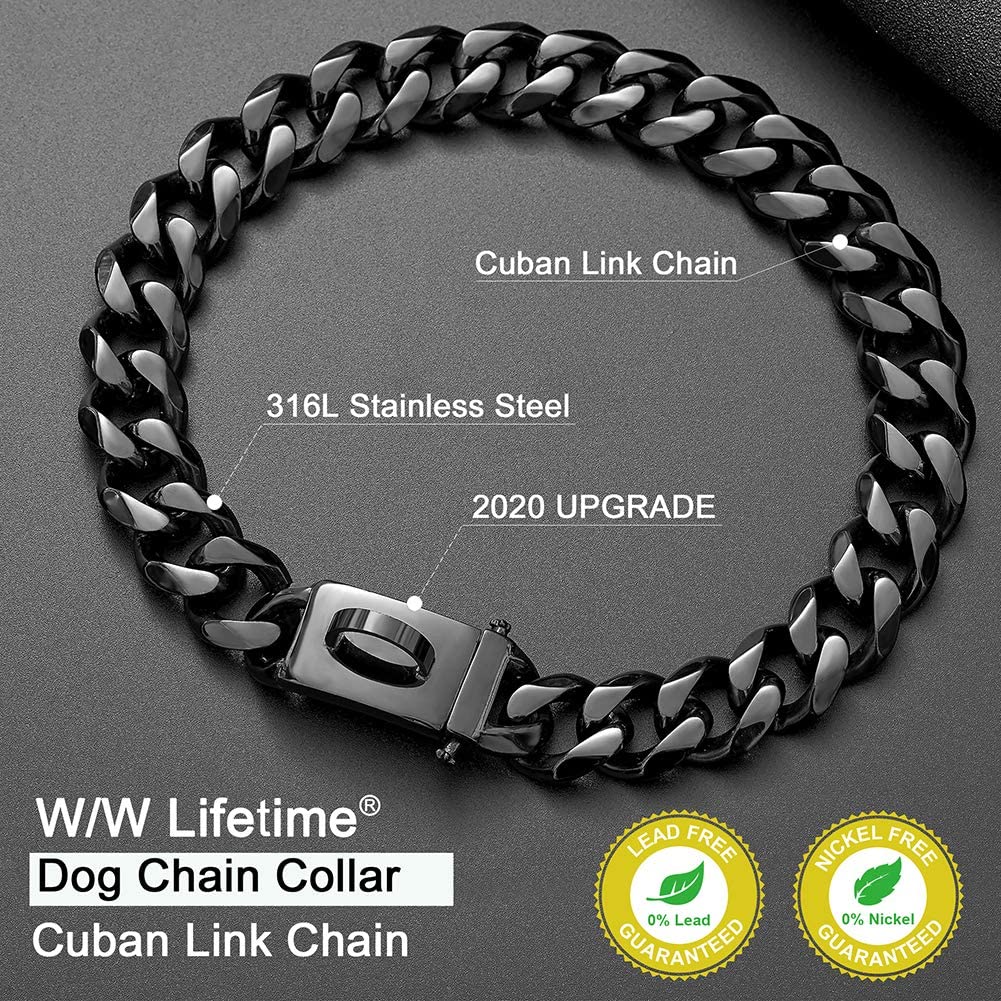 W/W Lifetime Dog Chain Collar Walking Training Collar With Design Secure Buckle 19Mm Black Cuban Link Strong Heavy Duty Chew Pro