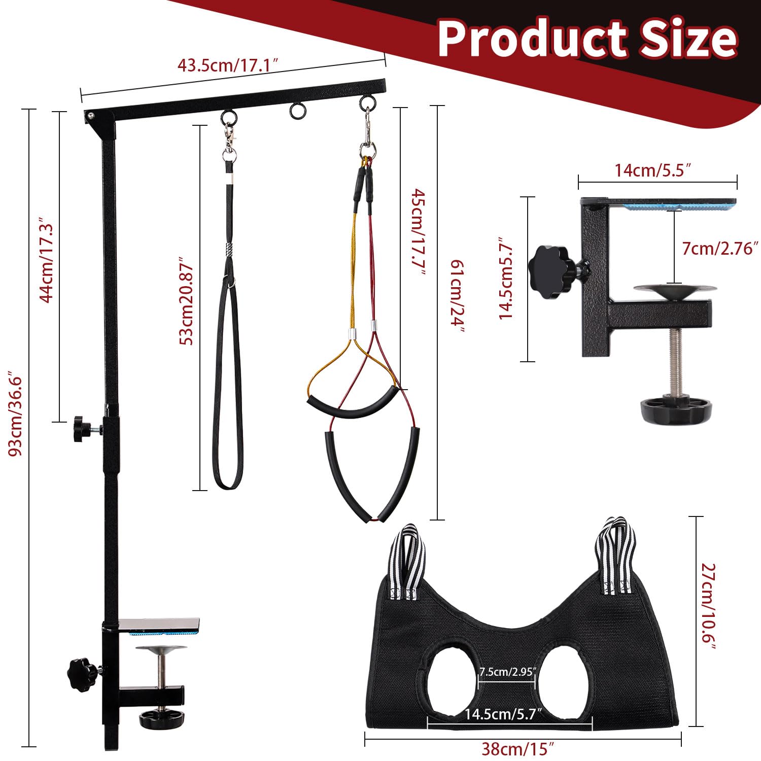 Phenfor Dog Grooming Table Arm with Hammock - Adjustable Height, Heavy-Duty Clamp, Black, No Sit Haunch Holders, Pet Grooming Tool