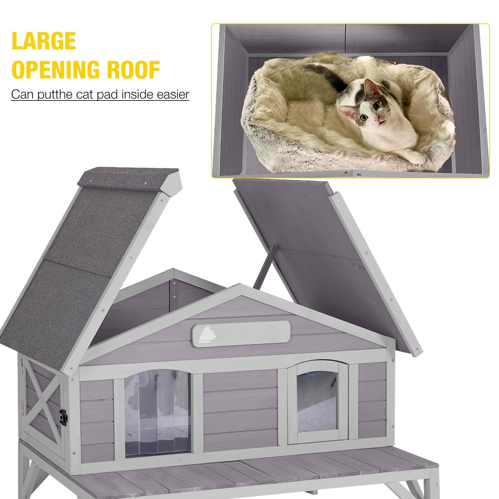 Aivituvin Outdoor Cat House, Large Weatherproof Roof, 100% Wooden, Outside Feral Cat Shelter For Winter