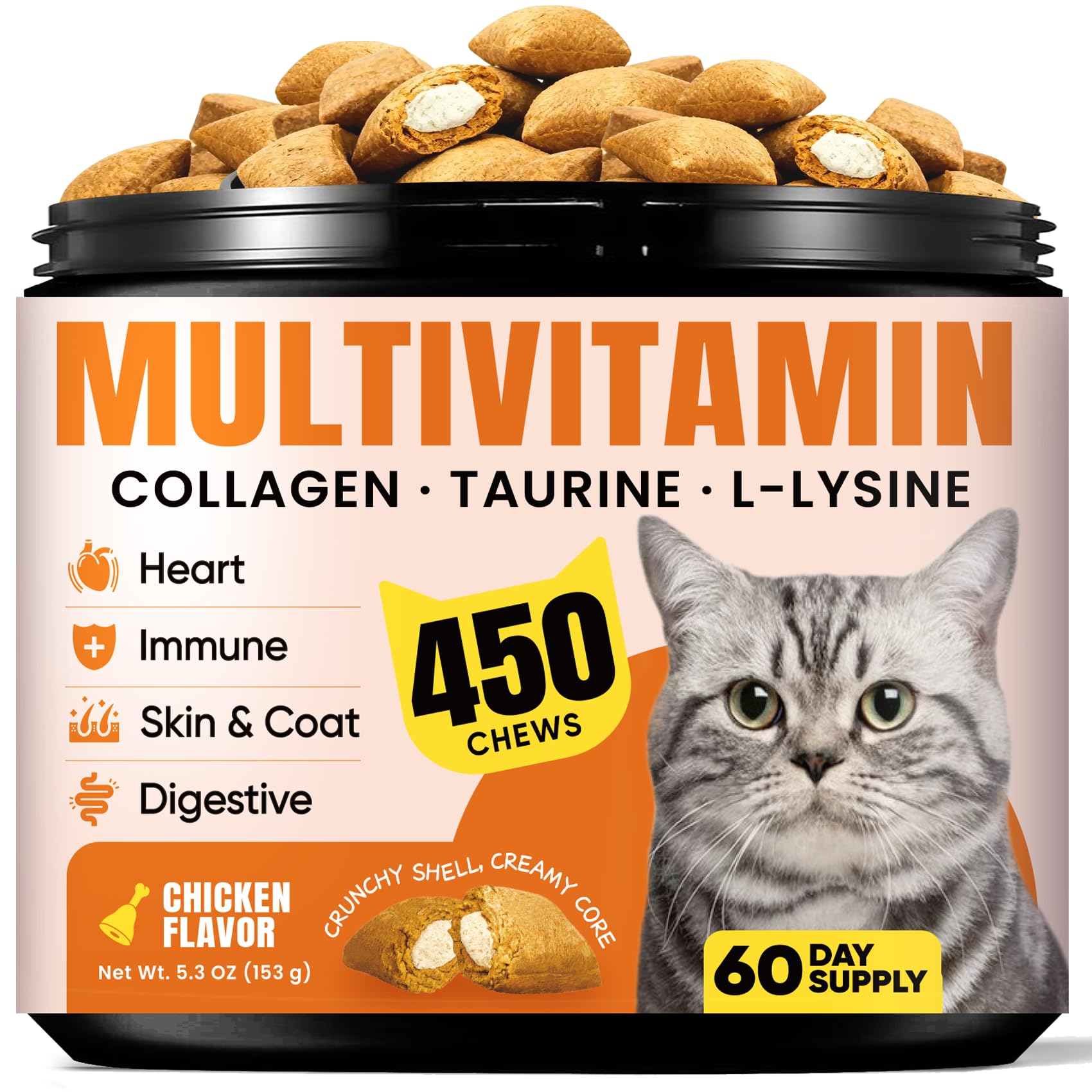 Cat Vitamin Treats with L-Lysine & Taurine - 12 Essential Vitamins & 5 Minerals, Cat Multivitamin Supplement for Immune, Joint &