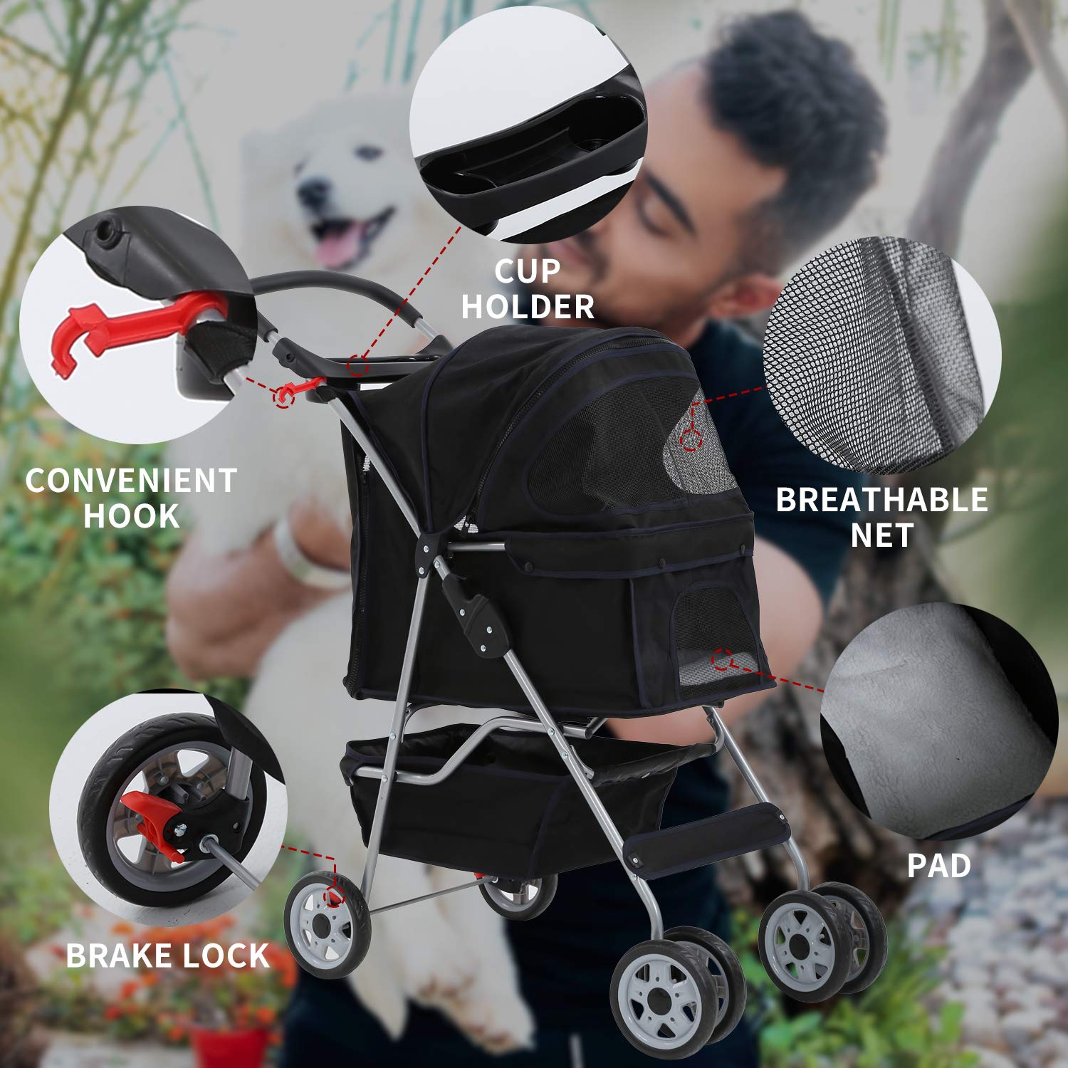 Hcy Dog & Cat Stroller - 4 Wheel Folding Carrier With Cup Holder & Storage Basket For Small & Medium Dogs - Black