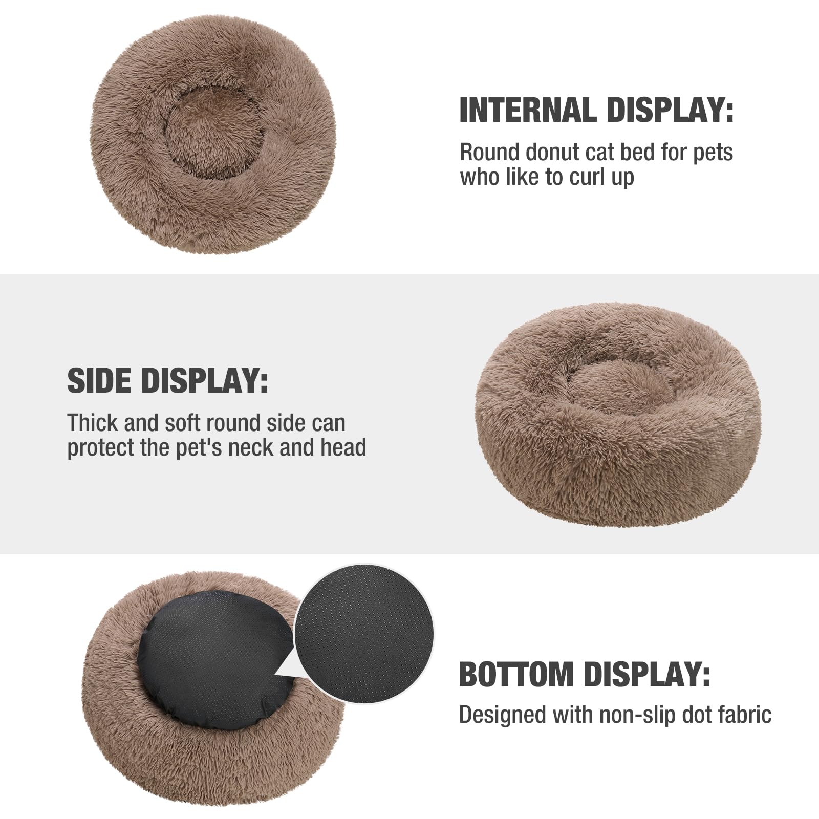 Veehoo Calming Donut Cat Bed For Small Cats Dogs-Round Small Cat Dog Bed, Anti Anxiety Fluffy Faux Plush Cuddler Washable Puppy