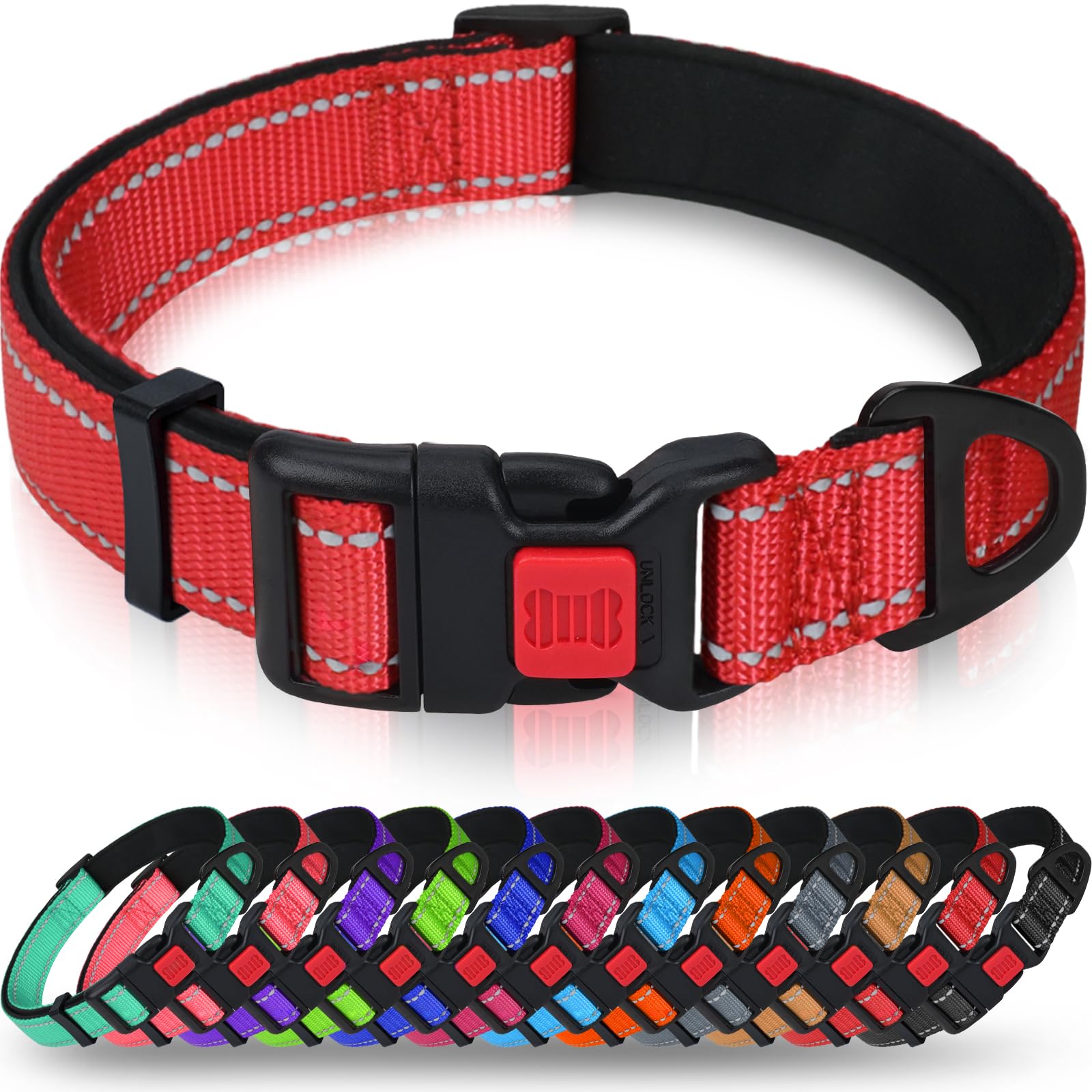 Taglory Reflective Dog Collar With Safety Locking Buckle, Adjustable Nylon Pet Collars For Extra Large Dogs Female Male, Red, Xl
