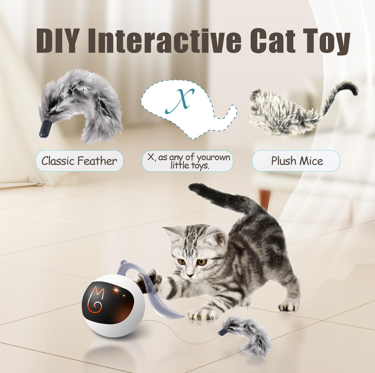 Migipaws Interactive Cat Ball Toy Set, Fun Tracker, Automatic Rolling Chase Ball With Fluffy Tail, A Small Mice, Rechargeable(White)
