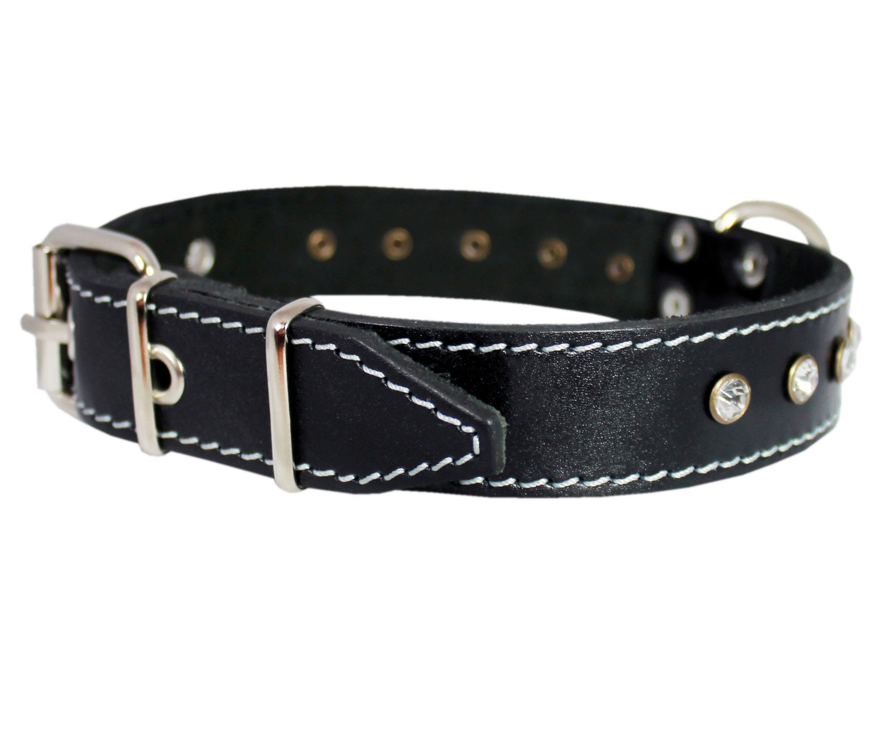 Genuine Black Leather Rhinestone Dog Collar 1'X20' Fits 14'-18' Neck