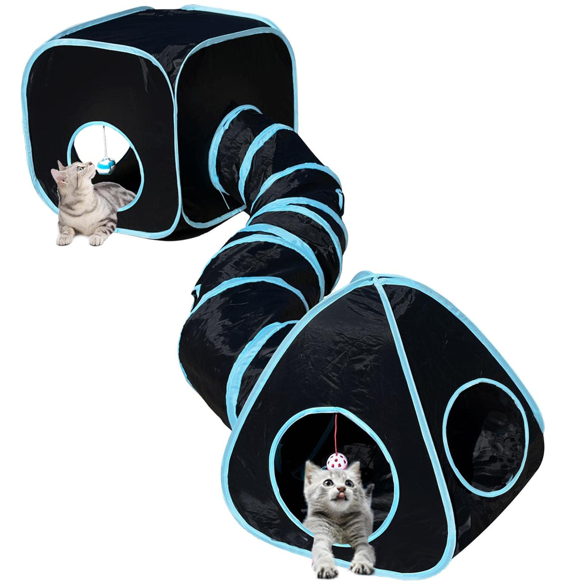 Gonpetgp Cat Tunnels For Indoor Cats With Cube Tent Toys Combo, Pop Up Collapsible Crinkle Interactive Peek Hole, Cat Tube With Play Ball And Bell For Kitten, Puppy, Kitty, Rabbit - Set Of 3