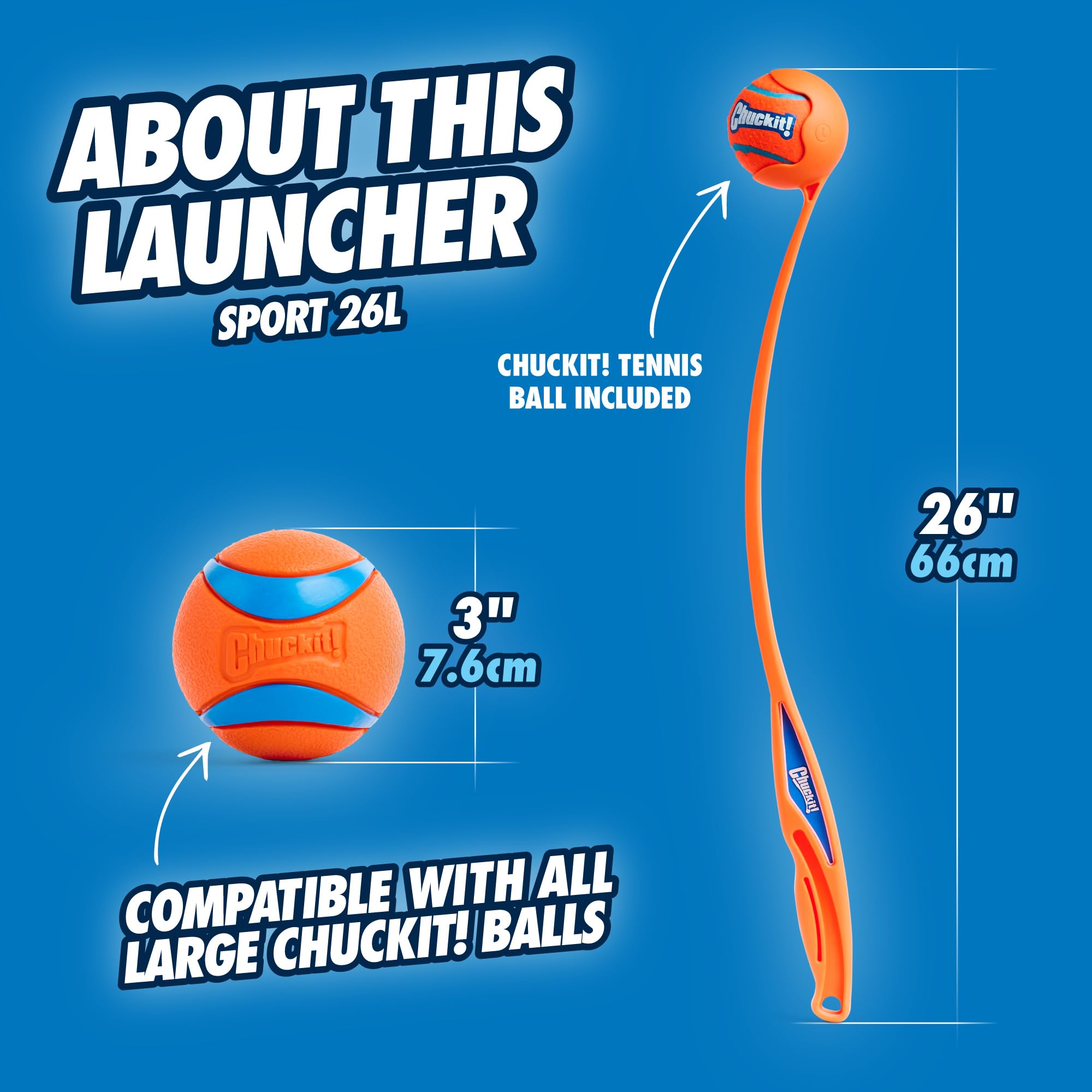 Chuckit! Sport 26L Dog Ball Launcher - Includes A 3-Inch Diameter Large Ball For Dogs 60-100 Pounds - Manual Thrower For Tennis Balls With A Slim Ergonomic Handle - 26-Inch Length