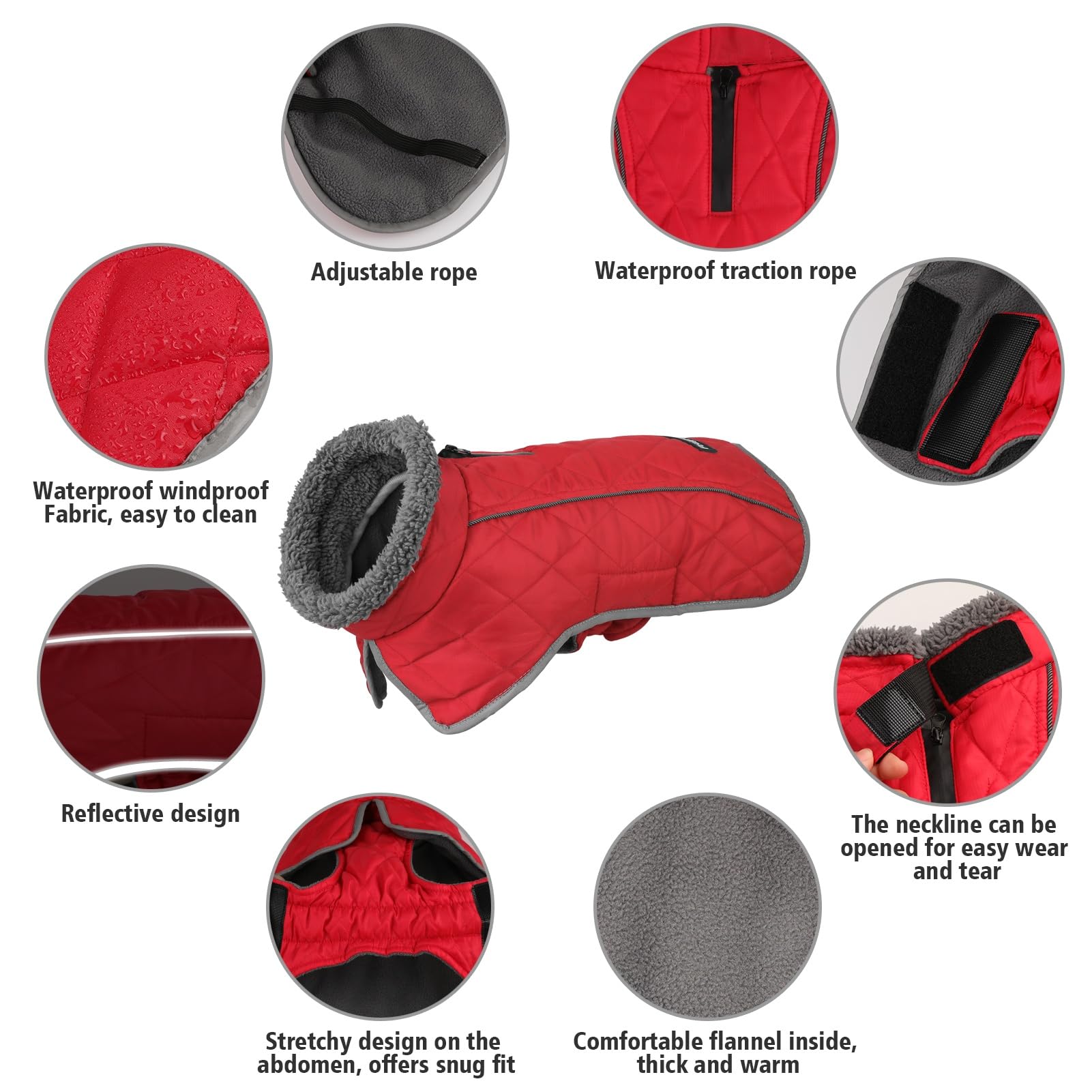 Fragralley Winter Coat - Windproof, Adjustable Dog Jacket, Waterproof, Turtleneck Clothes Doggie Cold Weather Vest Fleece (Red,
