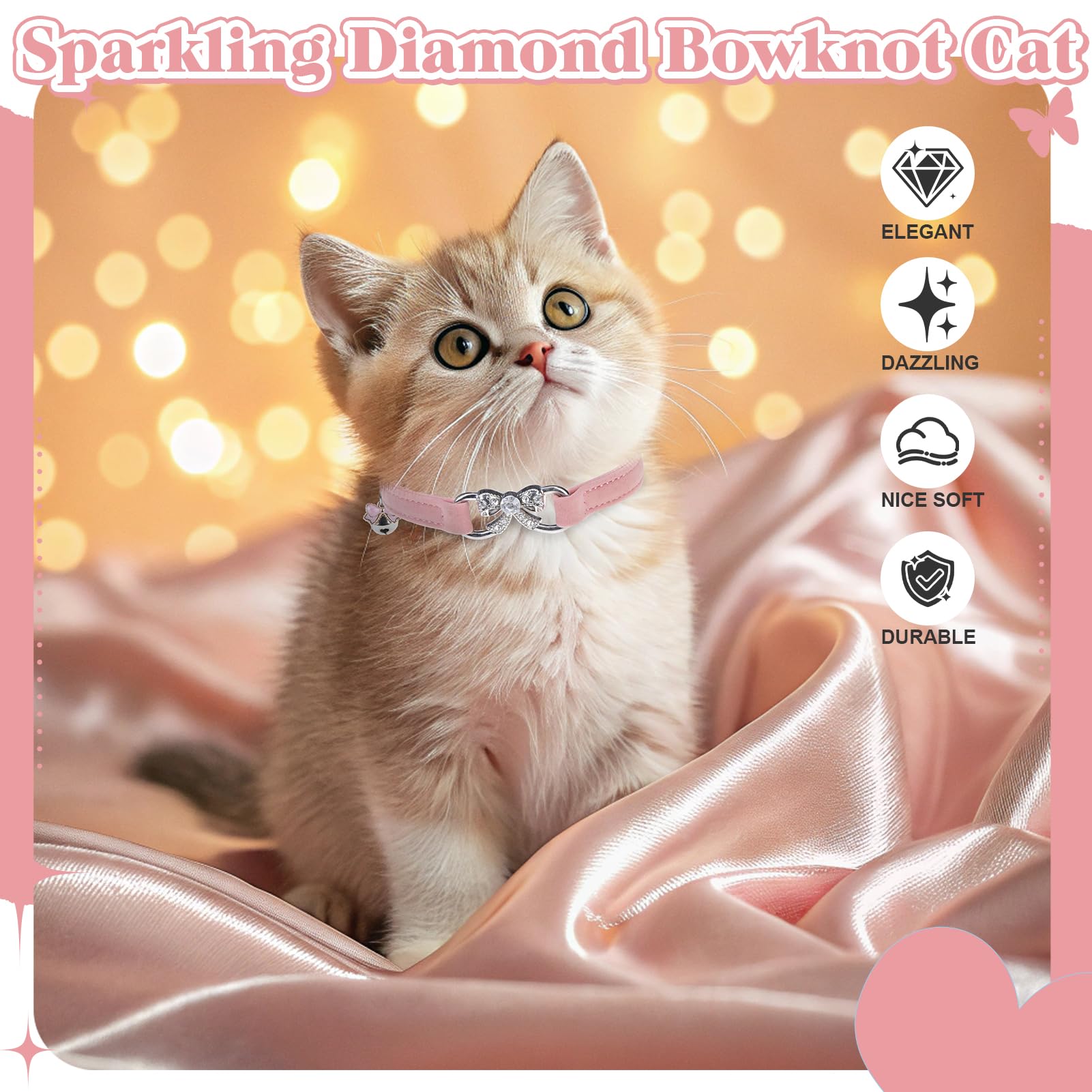 Bingpet Bling Cat Collar With Bells And Safety Belt,Adjustable Soft Velvet Kitten Collar With Diamond Bow,Cute Pink Cat Collars