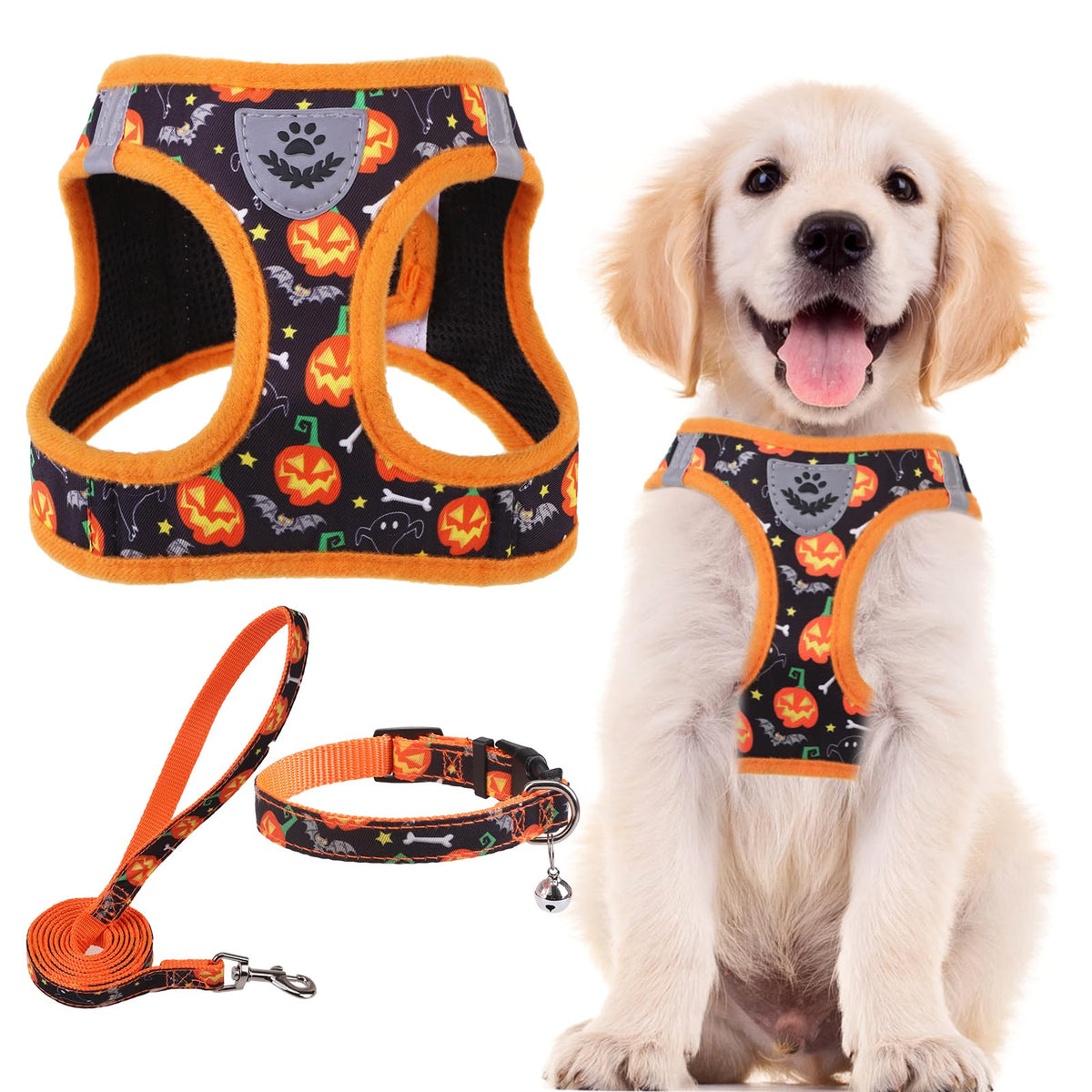 Pupteck Adjustable Dog Harness Collar And Leash Set Step In No Pull Pet Harness For Small Medium Dogs Puppy And Cats Outdoor Walking Running, Soft Mesh Padded Reflective Vest Harnesses, Halloween, M