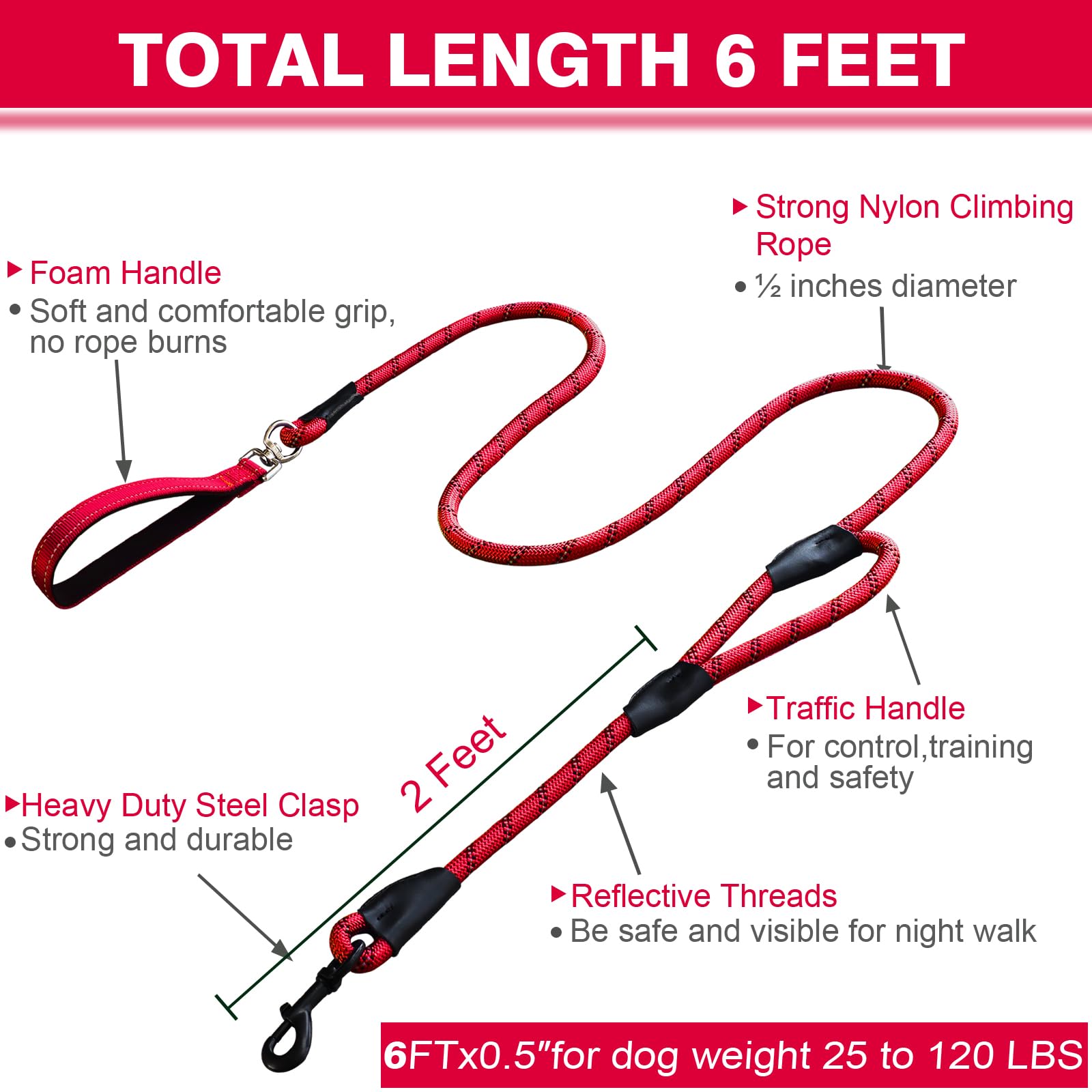 Dog Leash, 6 Foot Dog Leash, 2 Extra Padded Handles, Lockable Metal Carabiner Clip, Reflective No Pull Heavy Duty Rope Lead, Wal