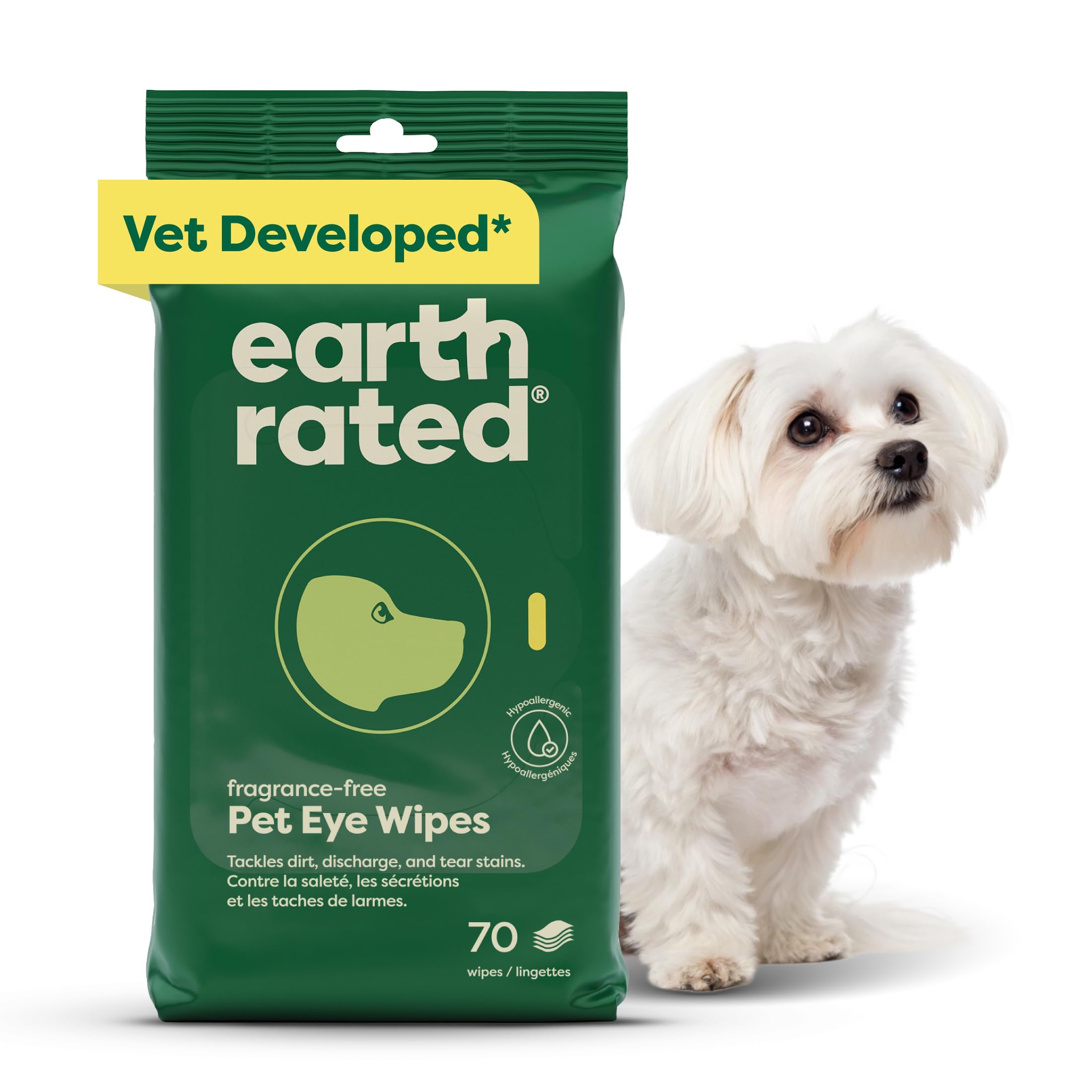 Earth Rated Vet-Developed Pet Eye Wipes, Hypoallergenic Cleaner For Dogs & Cats Eyes To Remove Dirt & Discharge, Fragrance Free,