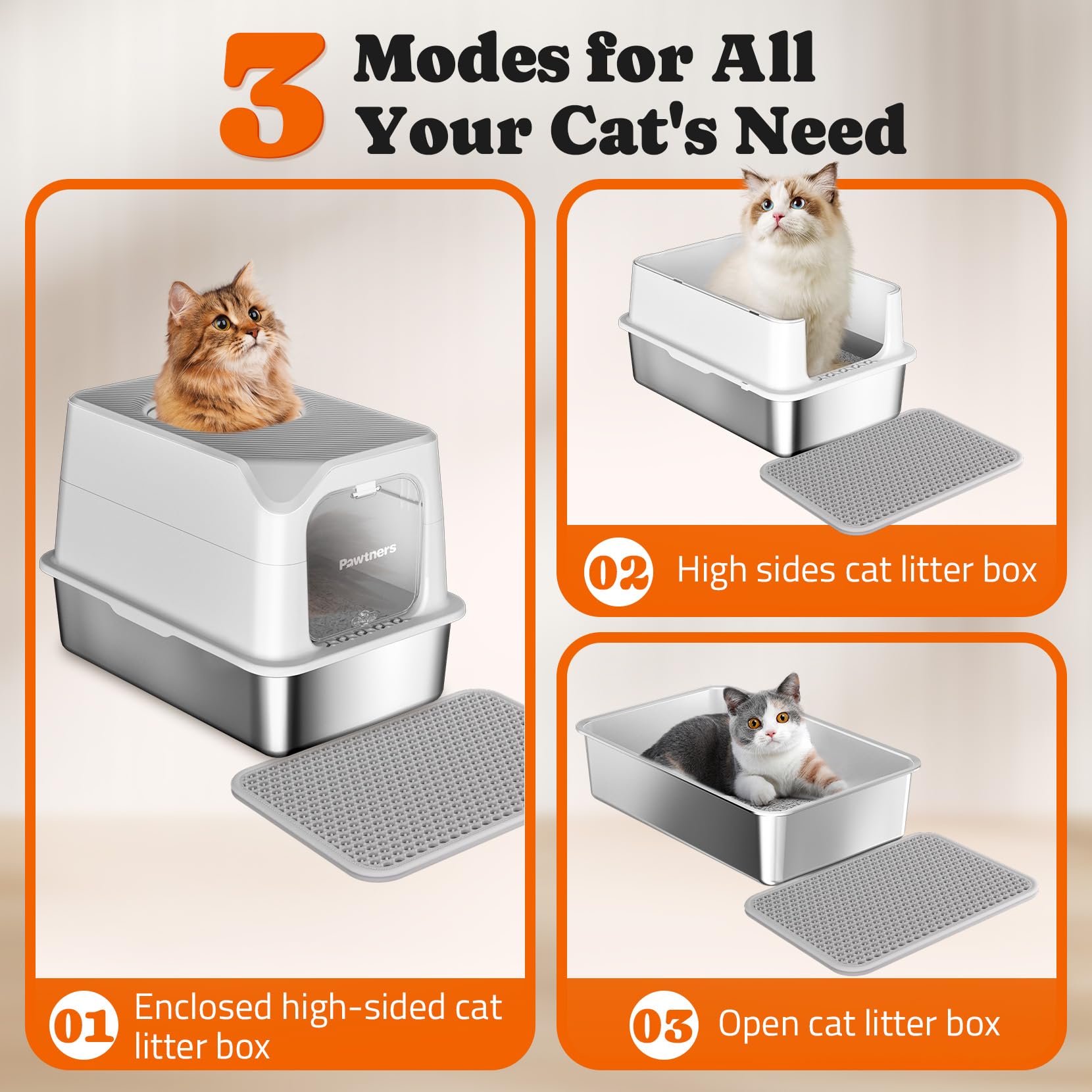 Pawtners Stainless Steel Cat Litter Box, Xl Extra Large Kitty Litter Pan, Front Entry Top Exit Enclosed Metal Cat Toilet For Odo