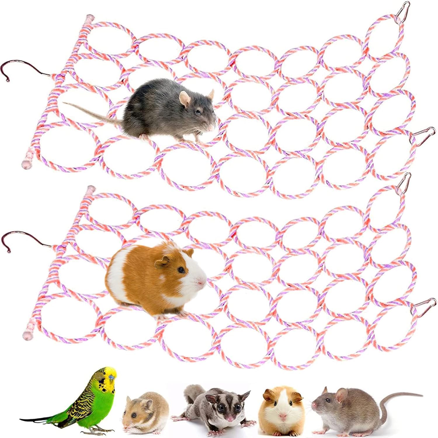Jevnd 2 Pcs Rat Climbing Net Toy For Cage, Bird Hemp Rope Perch Swing, Ladder Bridge Hanging Hammock, Small Animal Activity Toy 