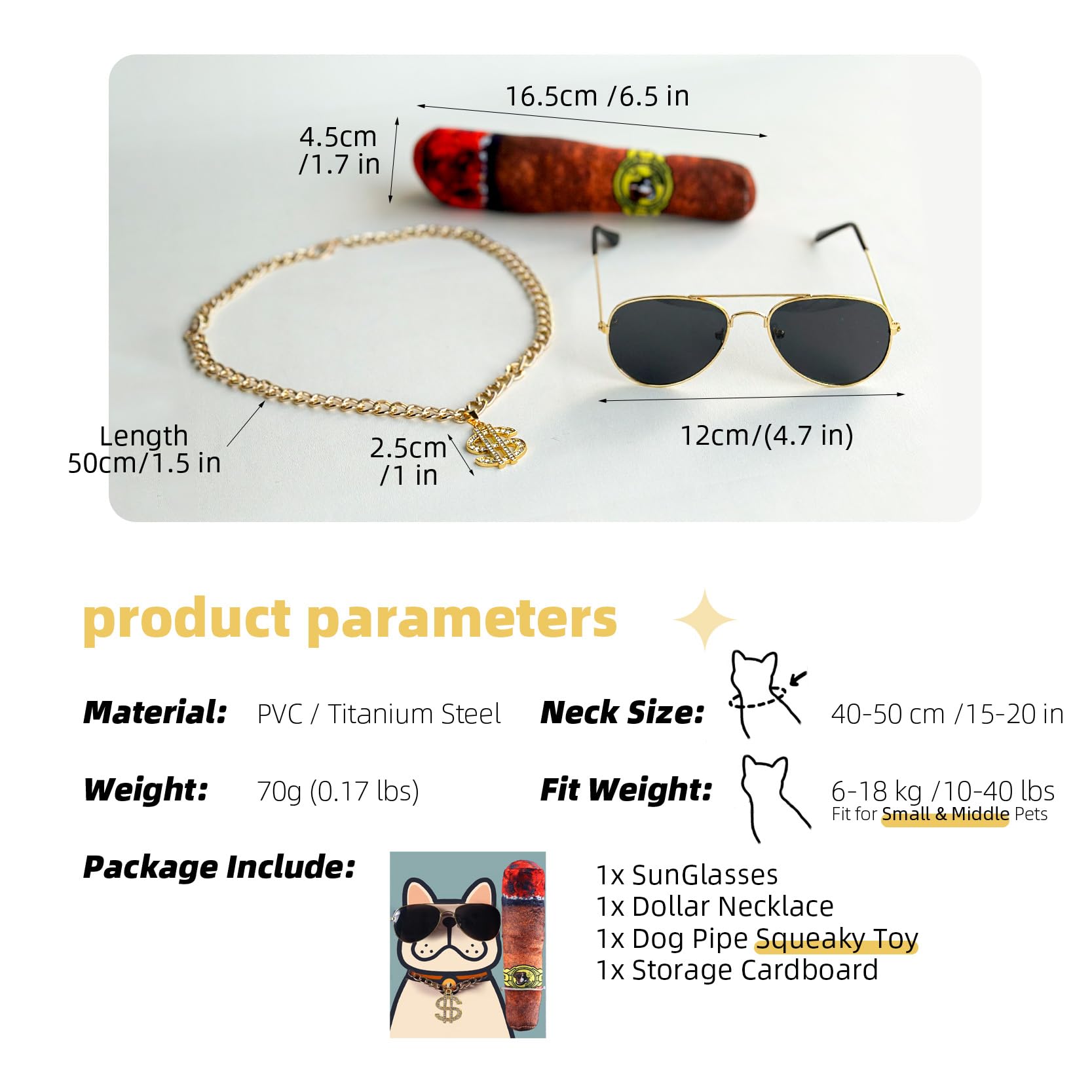 Funny Dog Sunglasses And Gold Chain Toys Set, Cuban Link Necklace With Dollar Sign Charm, Puppy Cat Superstar Costume Outfits Ac