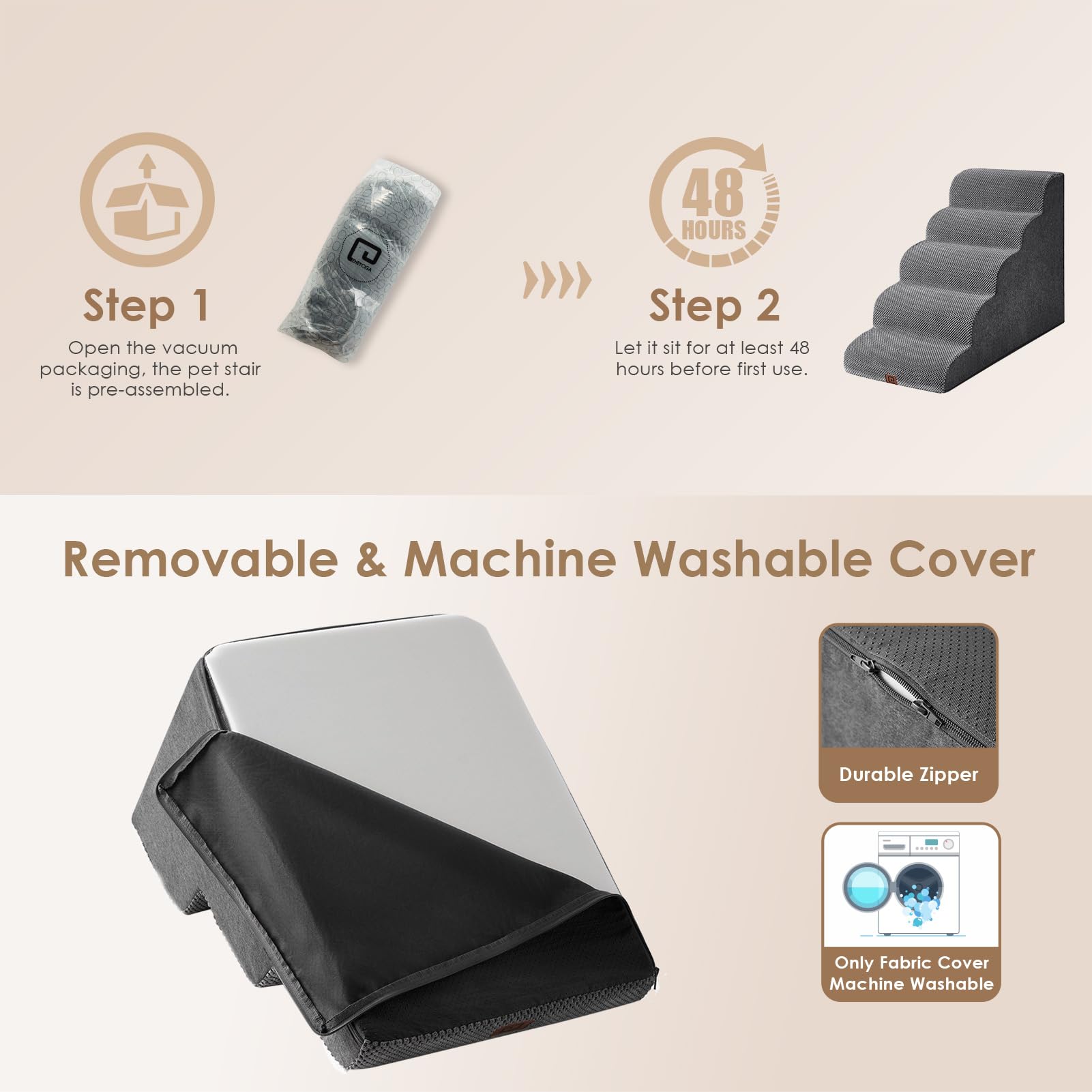 EHEYCIGA 5-Step Curved Dog Stairs Ramp for High Beds, Extra Wide Non-Slip Pet Steps for Small Dogs & Cats, Grey