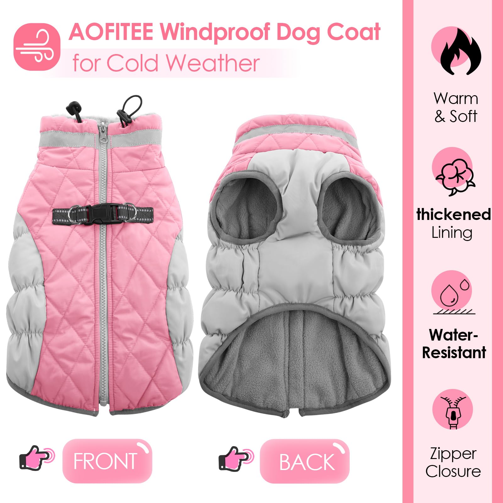 Aofitee Dog Coat, Warm Dog Winter Coat For Large Dogs, Reflective Turtleneck Dogs Jacket With Harness Built In, Waterproof Windp