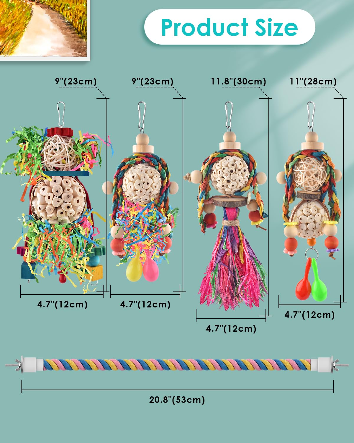 Bissap Conure Toys, 5 Pcs Bird Foraging Shredder Hanging Swing Rope Perch Toys Sola Balls With Sand Hammer For Small Parrots Par