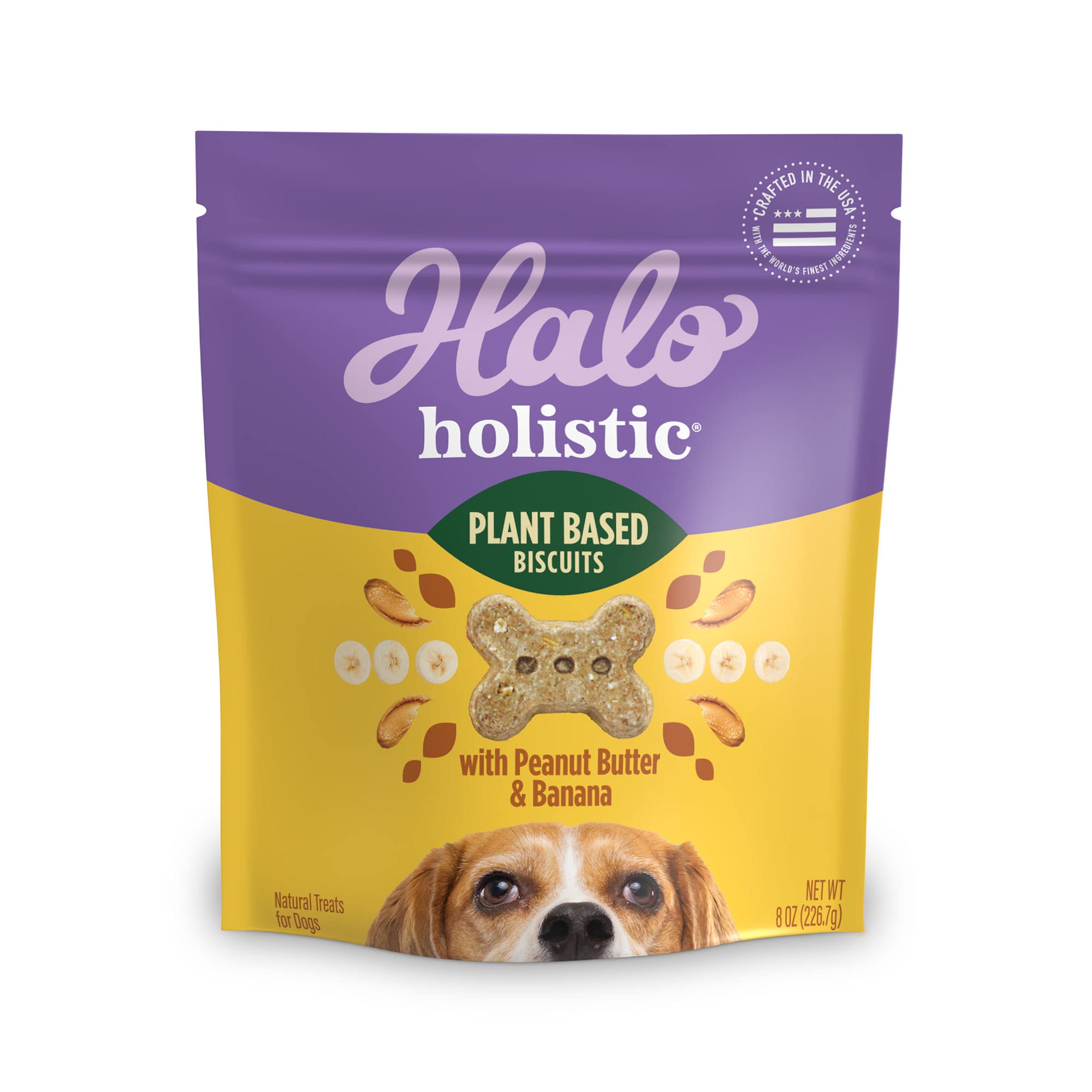 Halo Plant-Based Dog Treats with Peanut Butter and Banana, Vegan Dog Treat Pouch, 8oz bag