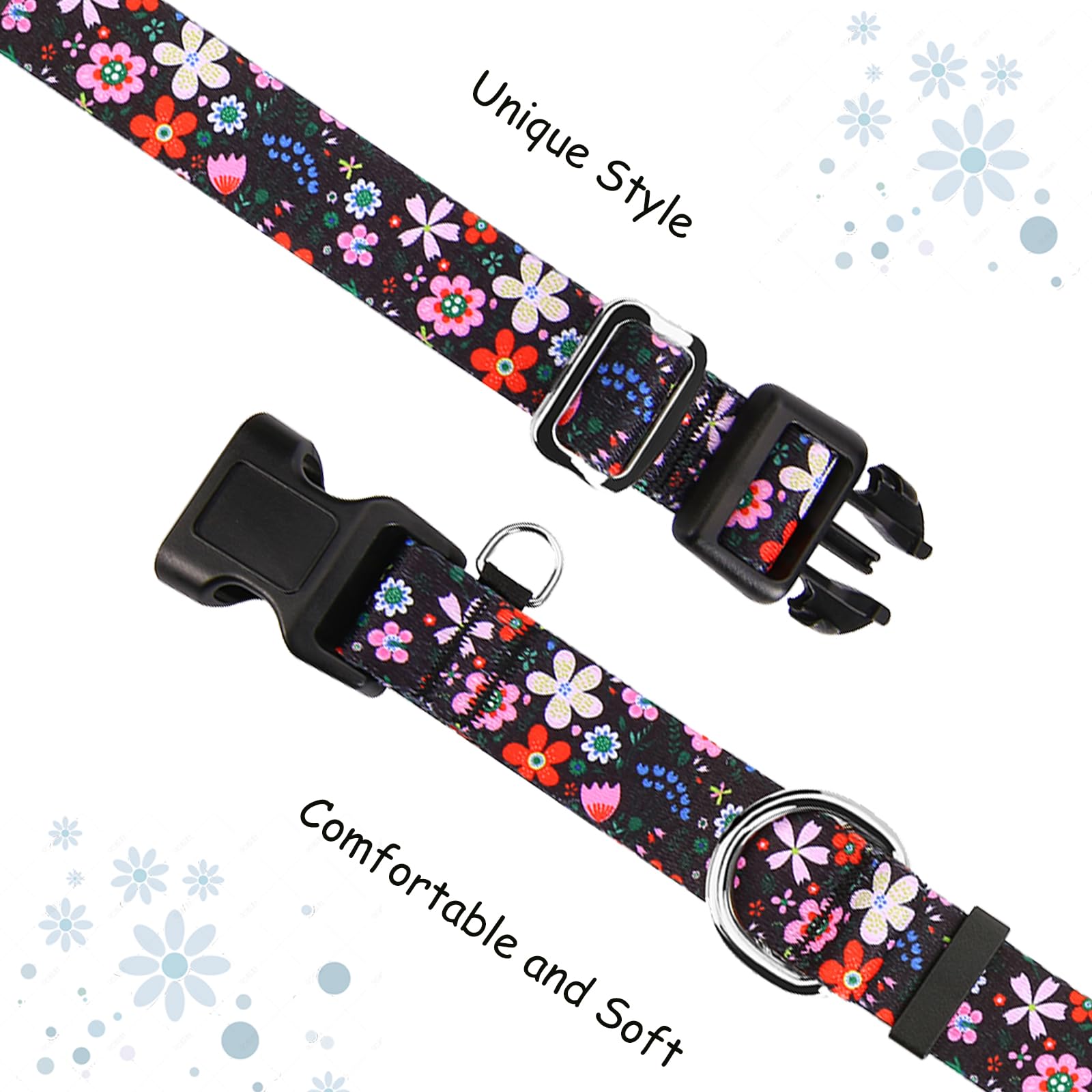 Fidohug Martingale Dog Collar With Buckle Adjustable Nylon Limited Slip No Pull Training Floral Dog Collars (Black Pink Red, Med