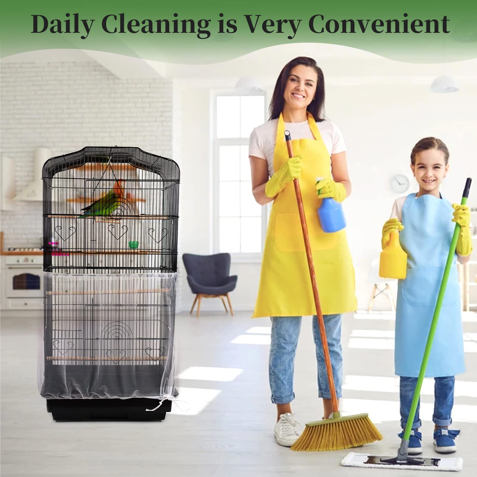 Daoeny 2Pcs Bird Cage Cover, Adjustable Soft Airy Nylon Mesh Parrot Net, Universal Feather Seed Catcher, Birdcage Cover Skirt Sheer Guard For Round Square Bird Cages (White +Black)