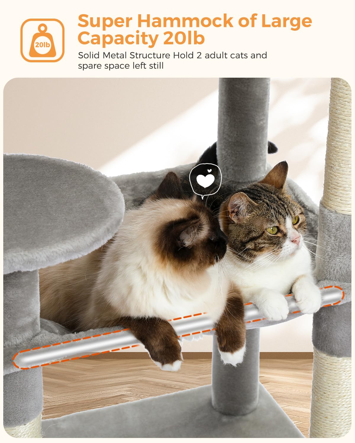 PEQULTI Cat Tree for Large Cats with Metal Frame Big Hammock, Cat Tower for Indoor Cats with 2 Door Condo House, [56.3 =143cm] M