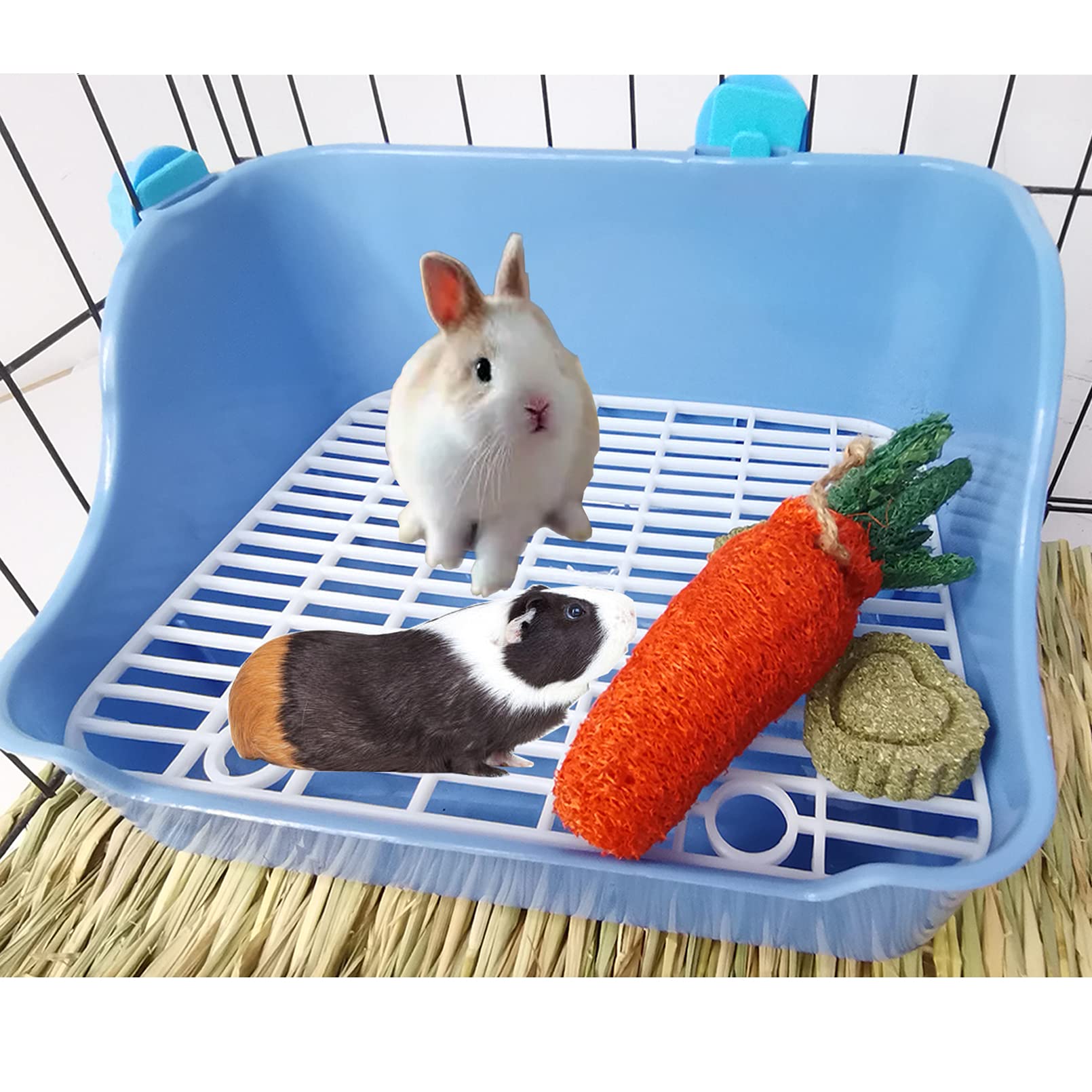 Hamiledyi Small Animal Rabbit Litter Box, Plastic Square Cage Toilet, Corner Pan With Grate, Potty Training For Bunny, Guinea Pigs, Chinchilla, Ferret, Hamster(Blue)