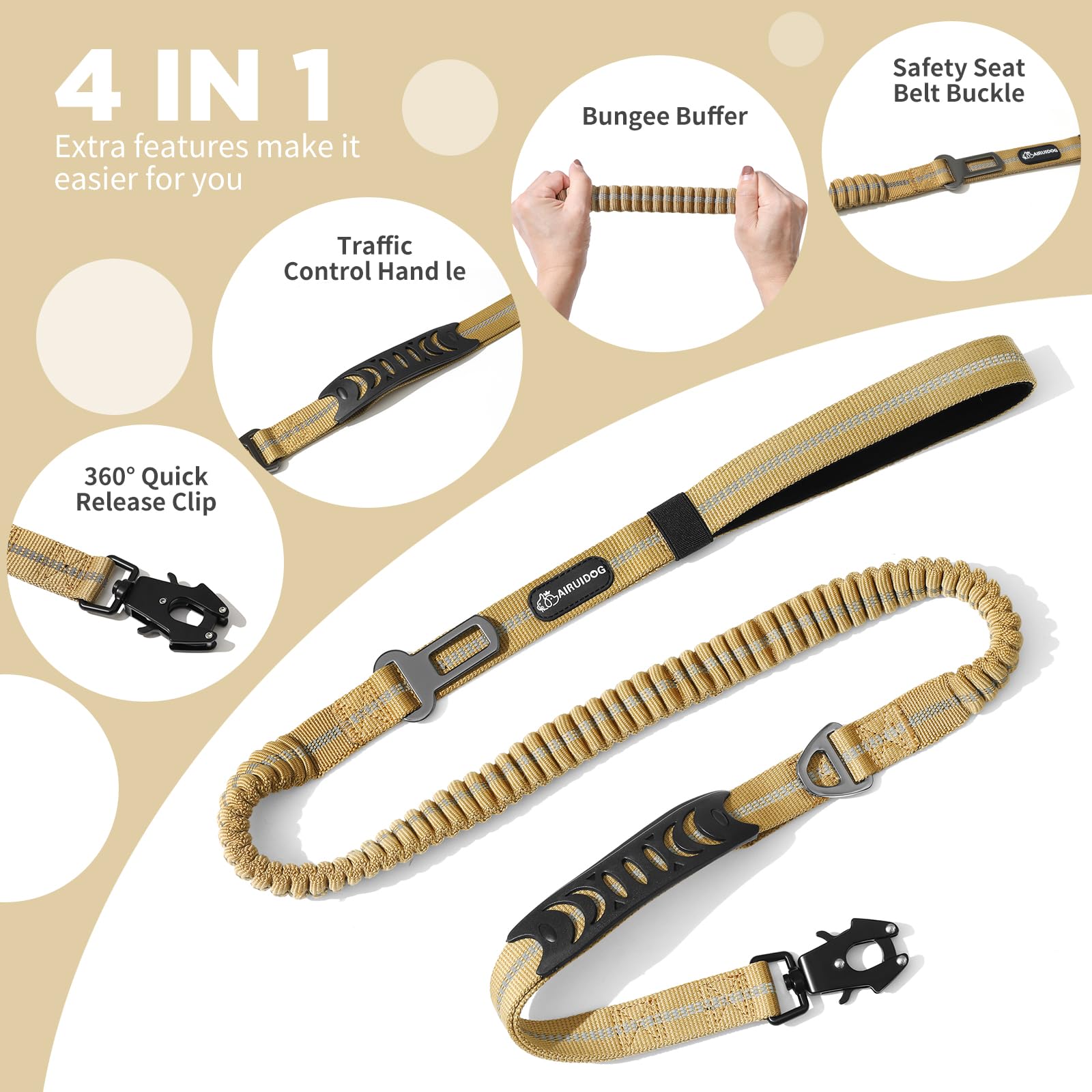 AIRUIDOG Heavy Duty Tactical Bungee Leash, 4-6FT Shock Absorbing Leash with 2 Padded Handles, Metal Carabiner Clip, Car Seatbelt