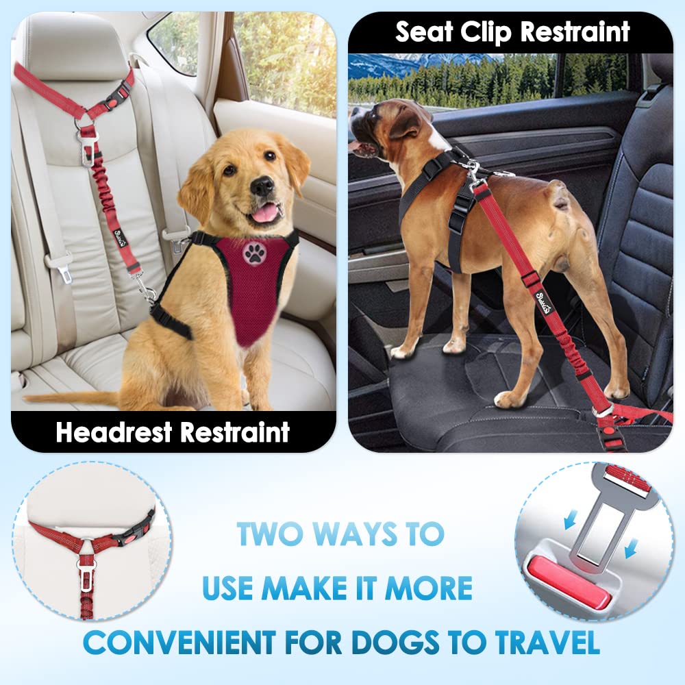 Slowton Dog Seat Belt Car, 2 Pack Dog Car Harness Seatbelt Adjustable With Elastic Bungee Buffer, 2 In 1 Pet Car Leash Headrest Restraint Safety Tether Reflective No Twist (Red-Dual Use)
